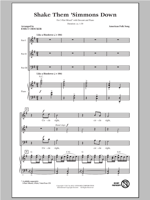 Emily Crocker Shake Those 'Simmons Down sheet music notes and chords arranged for 2-Part Choir
