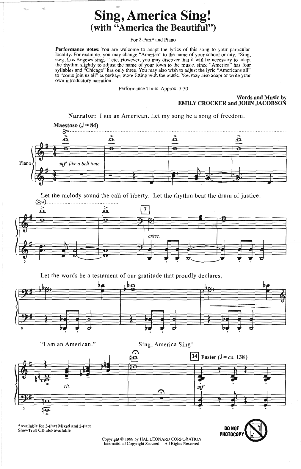 Emily Crocker Sing, America Sing! sheet music notes and chords arranged for 2-Part Choir