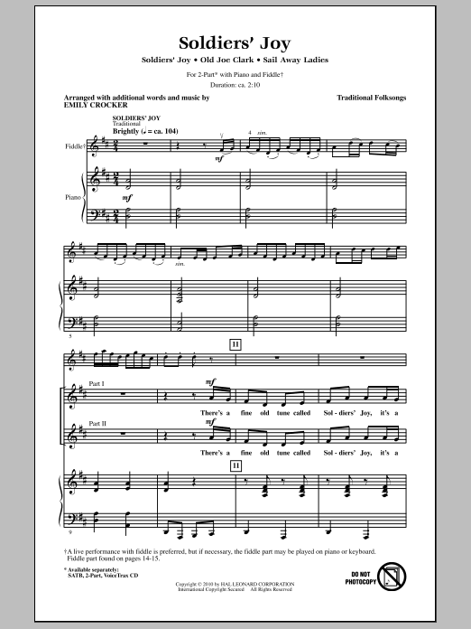 Emily Crocker Soldiers' Joy sheet music notes and chords arranged for 2-Part Choir