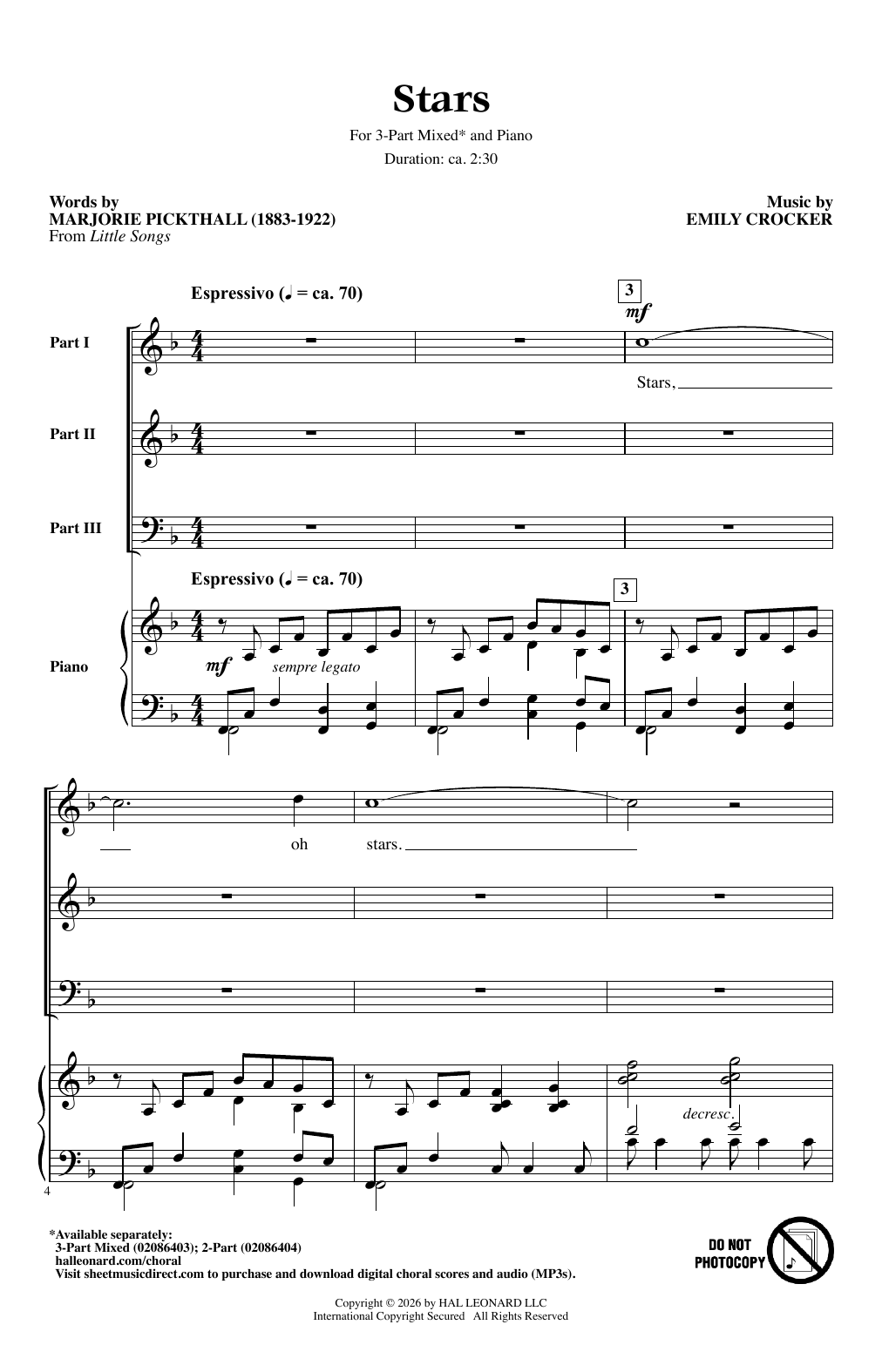 Emily Crocker Stars sheet music notes and chords arranged for 3-Part Mixed Choir