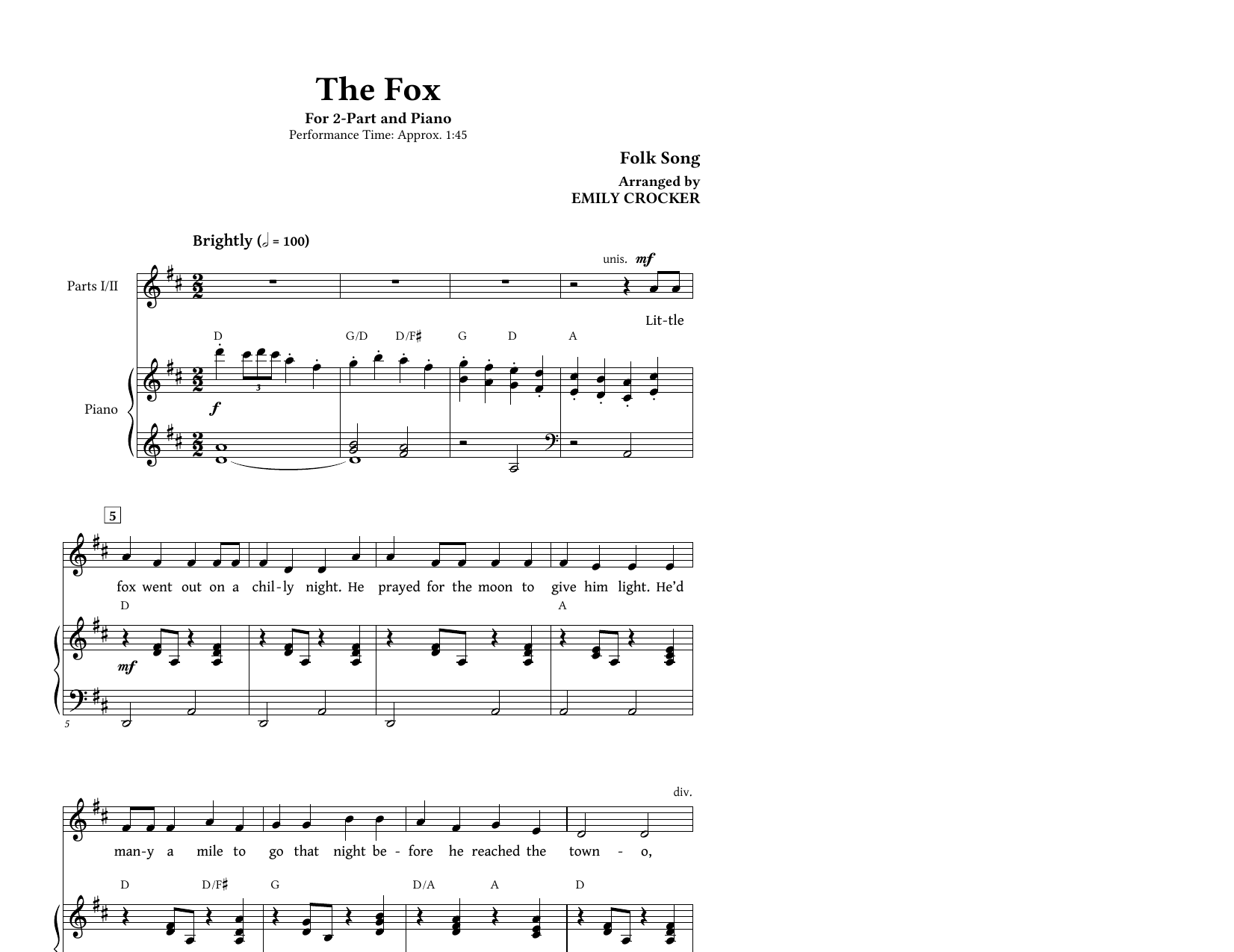 Emily Crocker The Fox (Folk Song) sheet music notes and chords arranged for 2-Part Choir