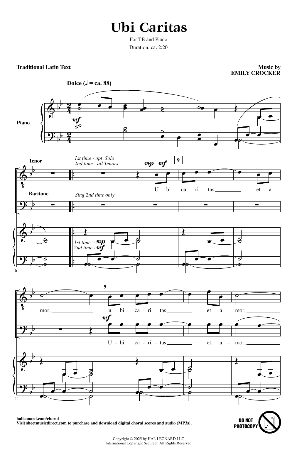 Emily Crocker Ubi Caritas sheet music notes and chords arranged for TB Choir