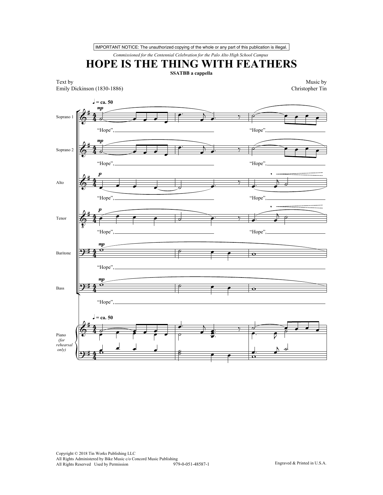 Emily Dickinson and Christopher Tin Hope Is The Thing With Feathers sheet music notes and chords arranged for SATB Choir