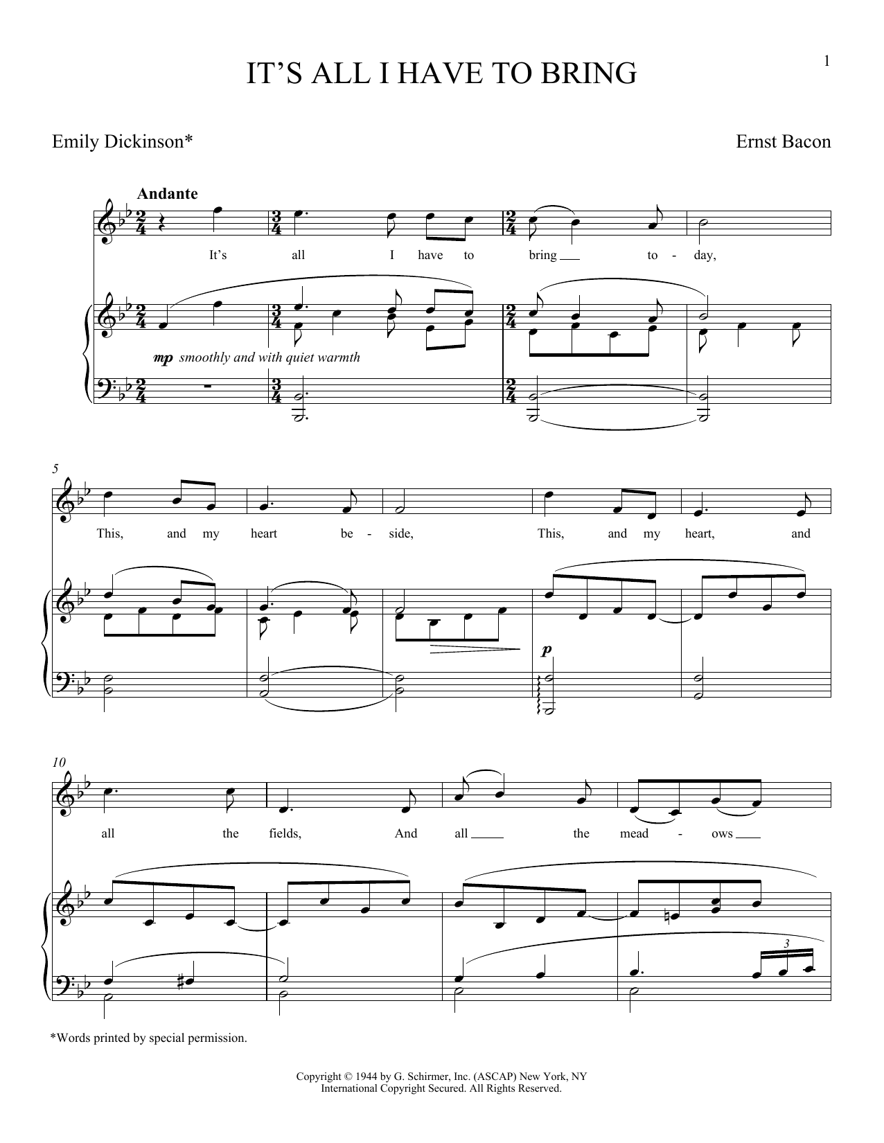 Emily Dickinson It's All I Have To Bring (Bacon) sheet music notes and chords arranged for Piano & Vocal