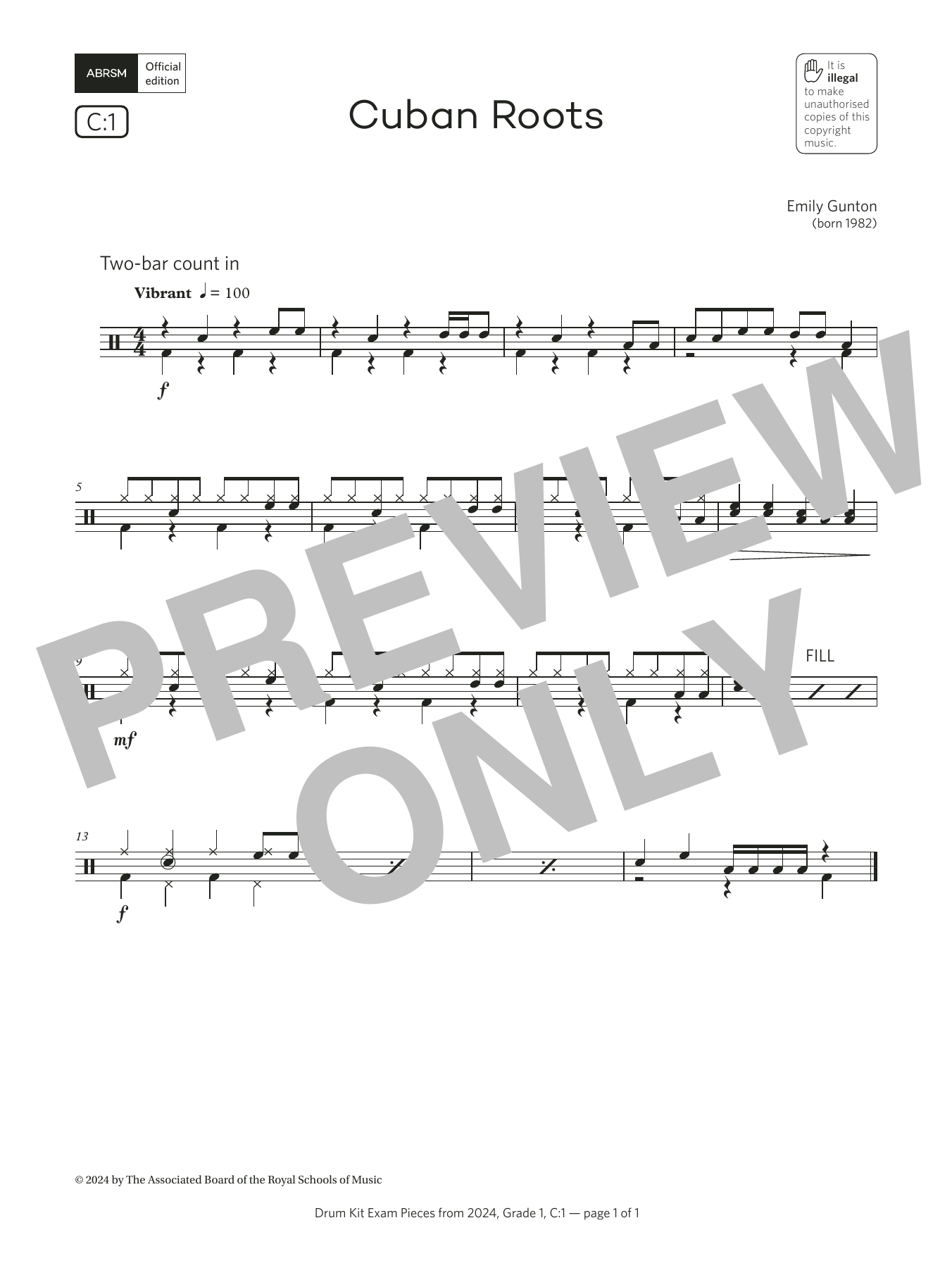 Emily Gunton Cuban Roots (Grade 1, list C1, from the ABRSM Drum Kit Syllabus 2024) sheet music notes and chords arranged for Drums