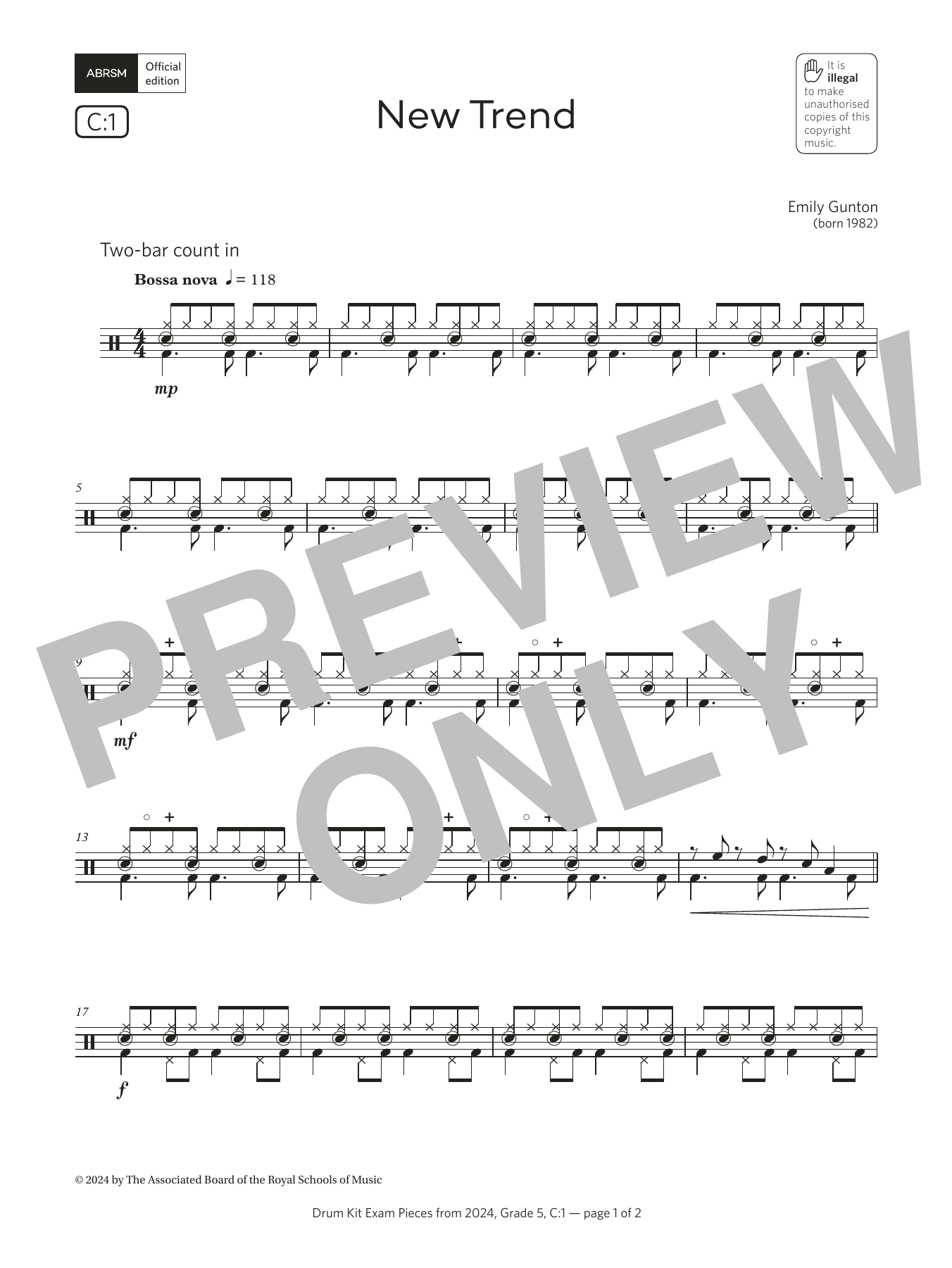 Emily Gunton New Trend (Grade 5, list C1, from the ABRSM Drum Kit Syllabus 2024) sheet music notes and chords arranged for Drums