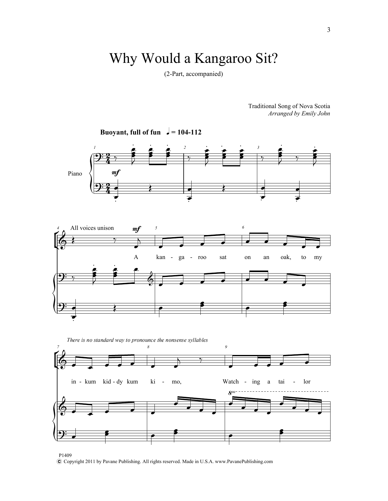 Emily John Why Would a Kangaroo Sit? sheet music notes and chords arranged for 2-Part Choir