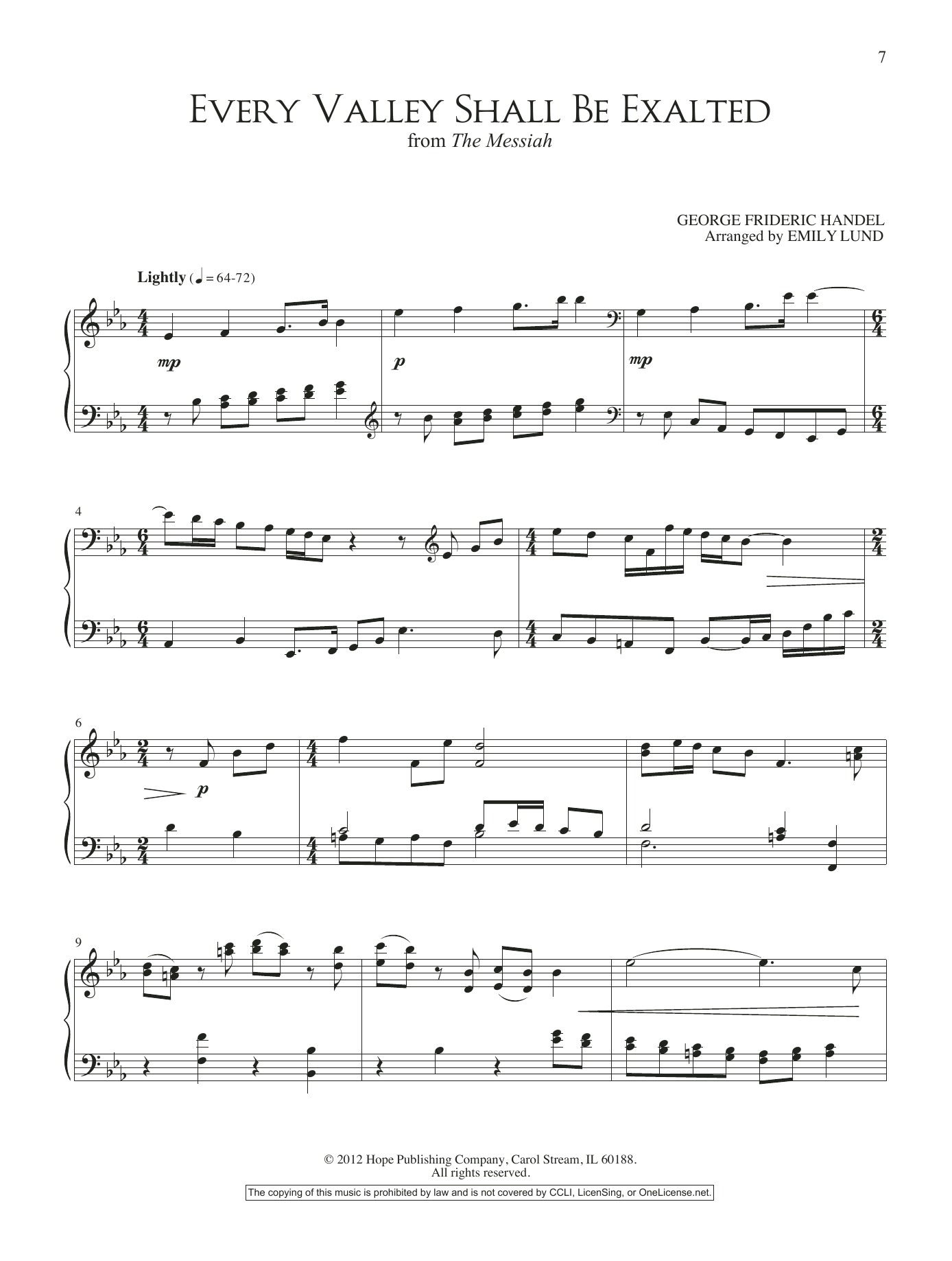Emily Lund Every Valley Shall Be Exalted sheet music notes and chords arranged for Piano Solo