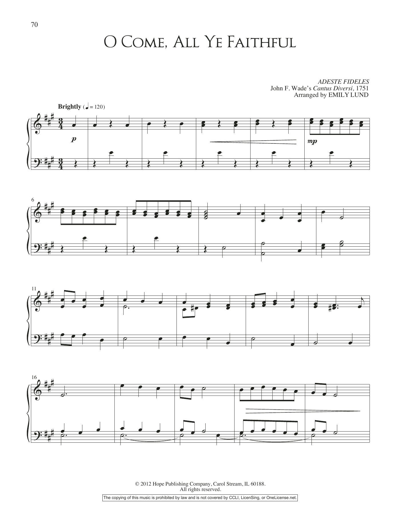 Emily Lund O Come, All Ye Faithful sheet music notes and chords arranged for Piano Solo