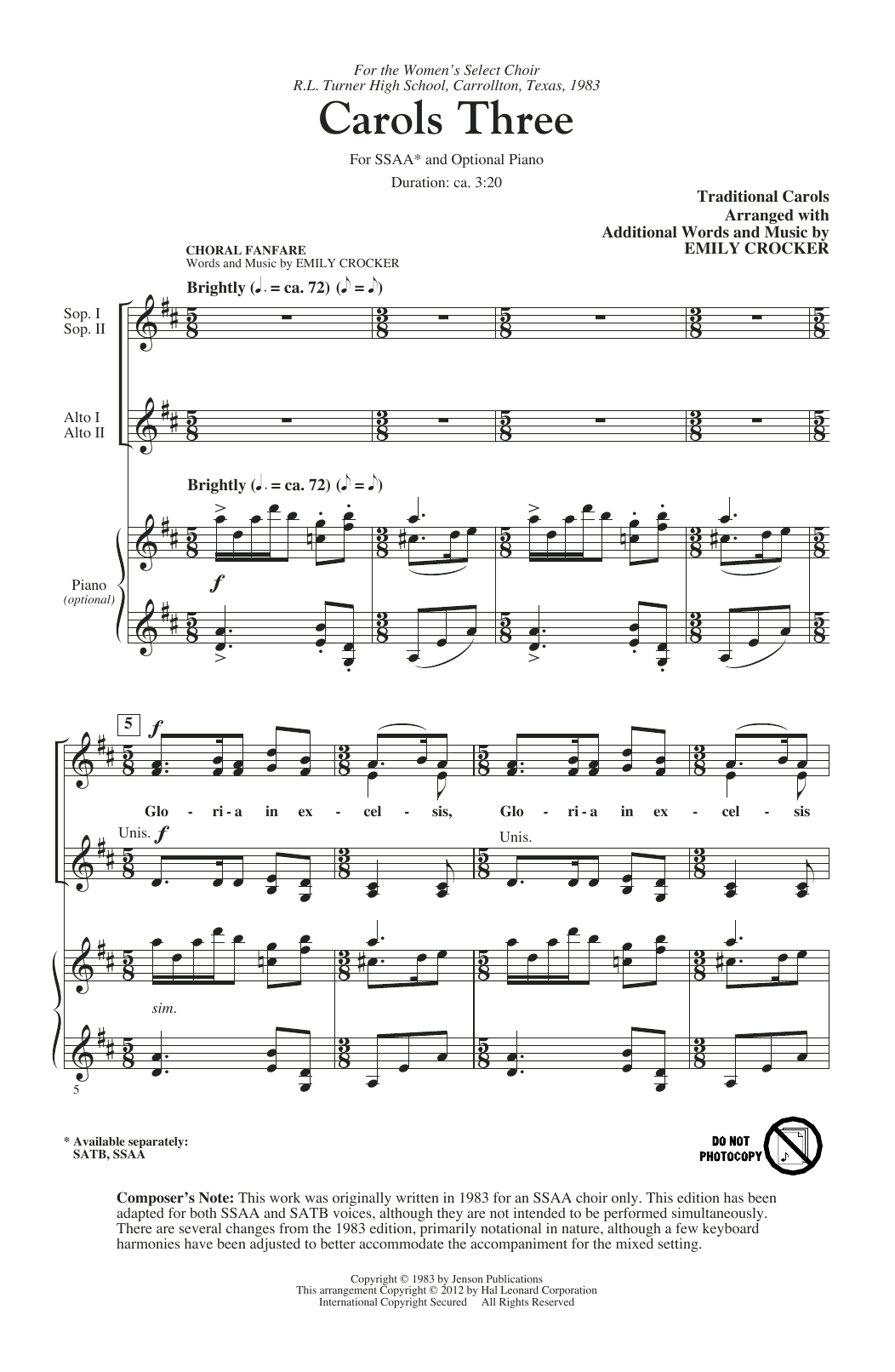 Emily Crocker Carols Three (Medley) sheet music notes and chords arranged for SSA Choir