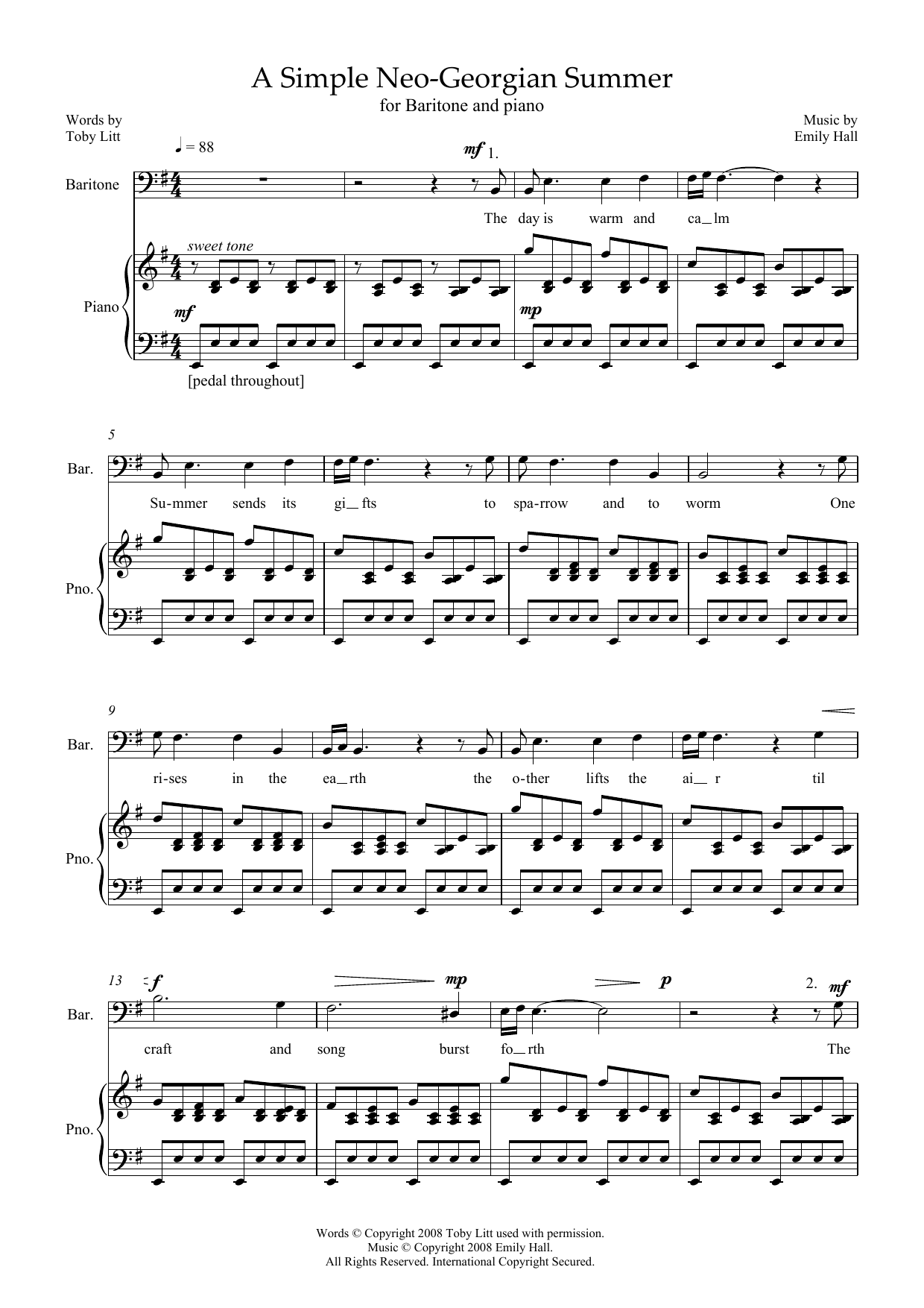 Emily Hall A Simple Neo-Georgian Summer (for baritone and piano) sheet music notes and chords arranged for Piano & Vocal