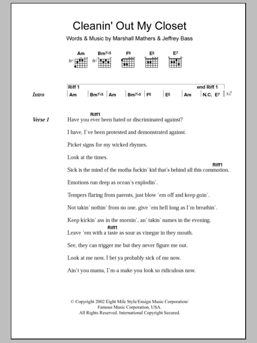 Eminem Cleanin' Out My Closet sheet music notes and chords arranged for Guitar Chords/Lyrics