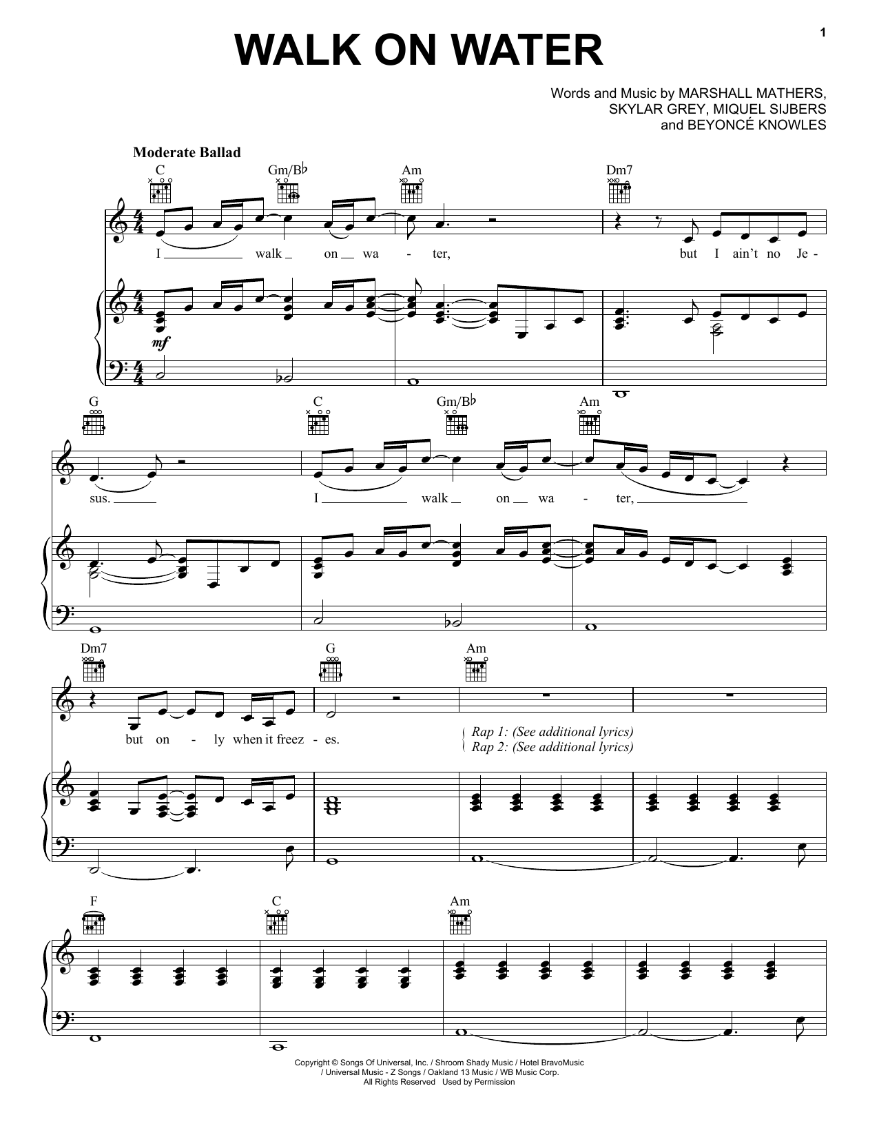 Eminem feat. Beyonce Walk On Water sheet music notes and chords arranged for Piano, Vocal & Guitar Chords (Right-Hand Melody)