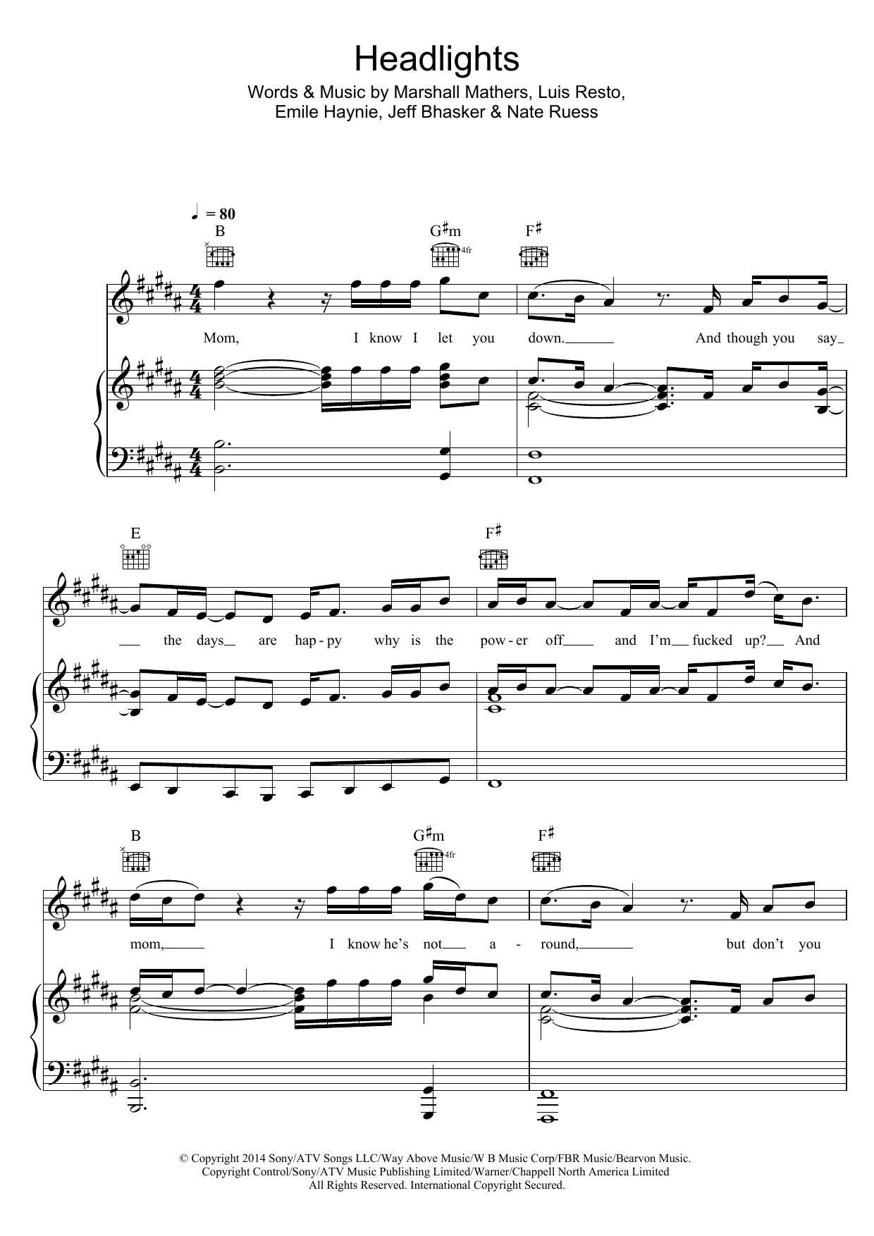 Eminem Headlights (featuring Nate Ruess) sheet music notes and chords arranged for Piano, Vocal & Guitar Chords