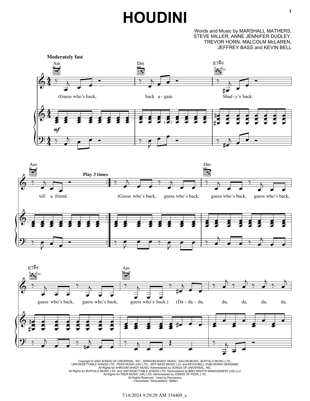 Eminem Houdini sheet music notes and chords arranged for Piano, Vocal & Guitar Chords (Right-Hand Melody)