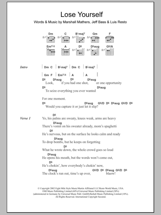 Eminem Lose Yourself sheet music notes and chords arranged for Guitar Chords/Lyrics