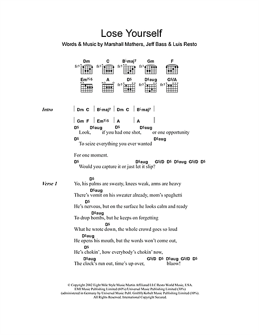 Eminem Lose Yourself sheet music notes and chords arranged for Guitar Chords/Lyrics