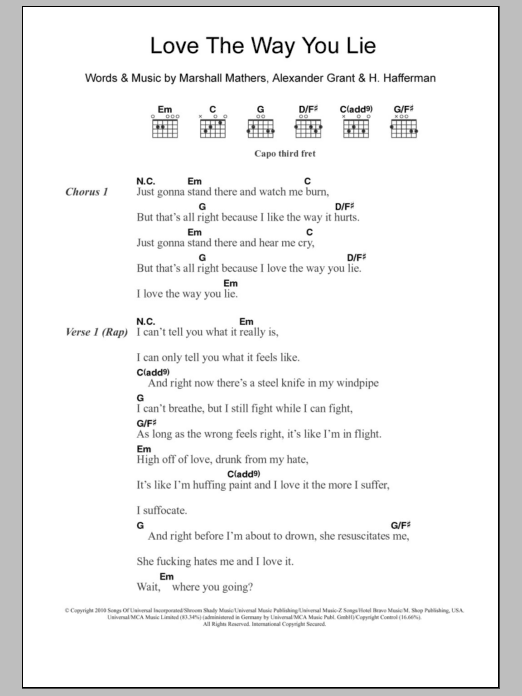 Eminem Love The Way You Lie (feat. Rihanna) sheet music notes and chords arranged for Guitar Chords/Lyrics
