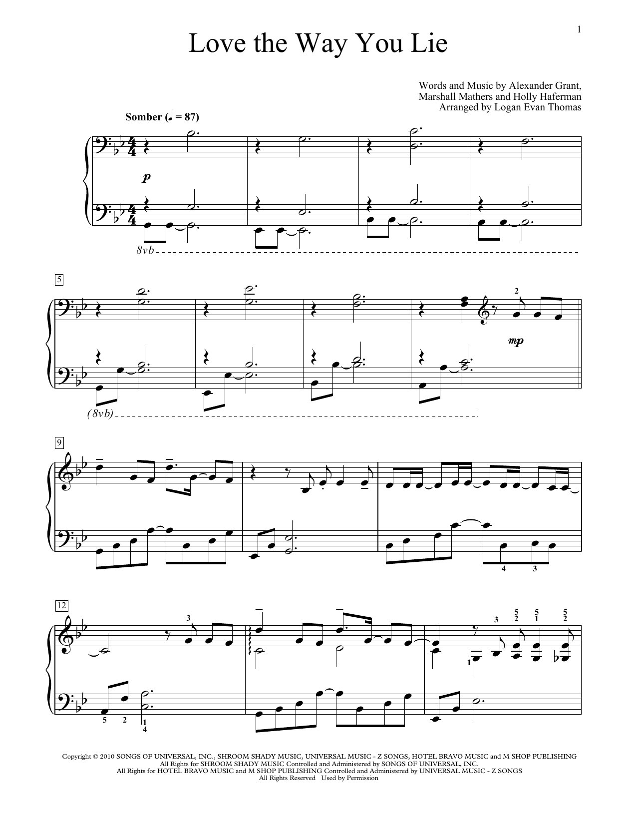 Eminem Love The Way You Lie (feat. Rihanna) (arr. Logan Evan Thomas) sheet music notes and chords arranged for Educational Piano