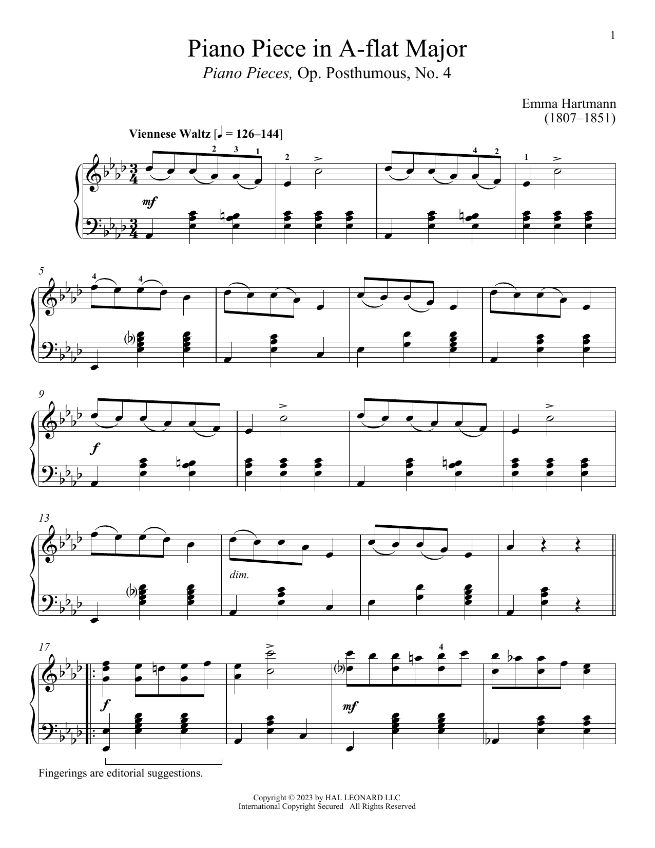 Emma Hartmann Piano Piece in A-flat Major sheet music notes and chords arranged for Piano Solo