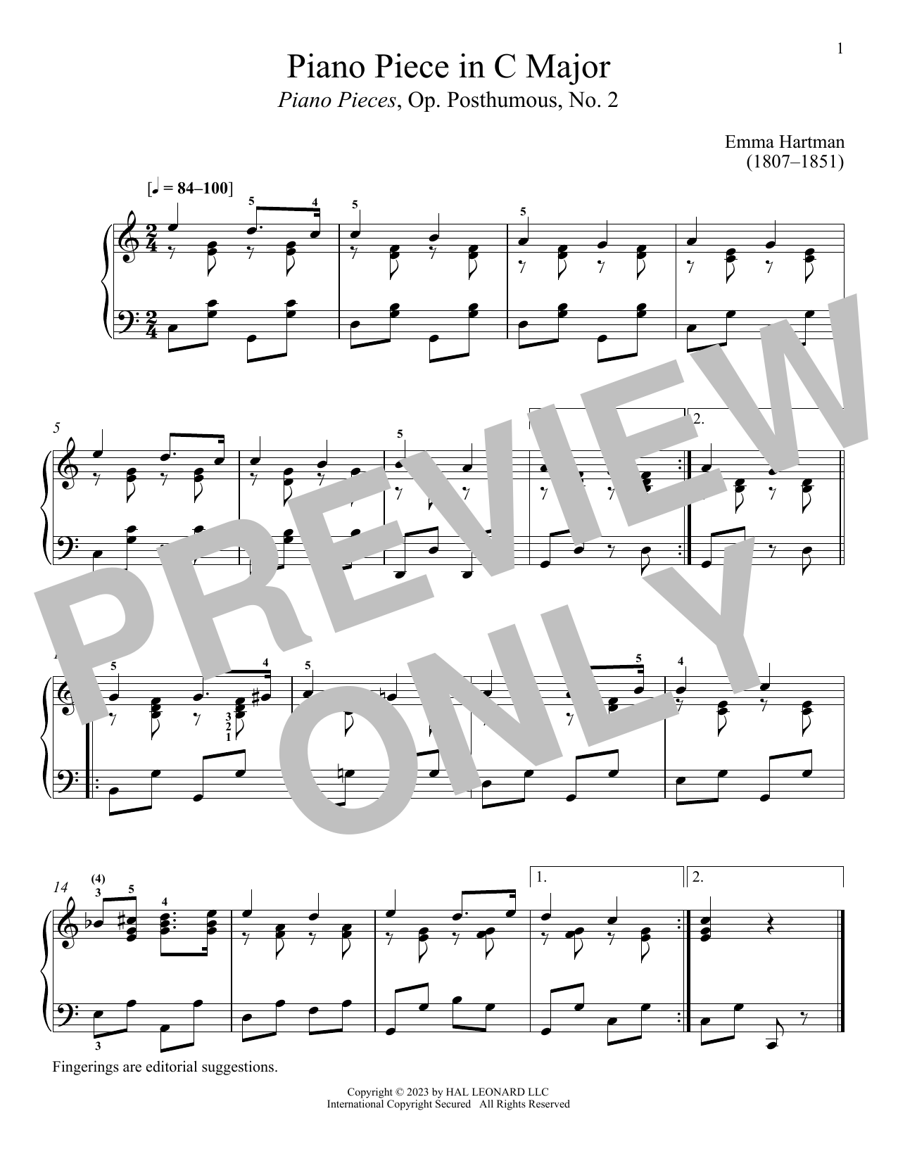 Emma Hartmann Piano Piece in C Major sheet music notes and chords arranged for Piano Solo