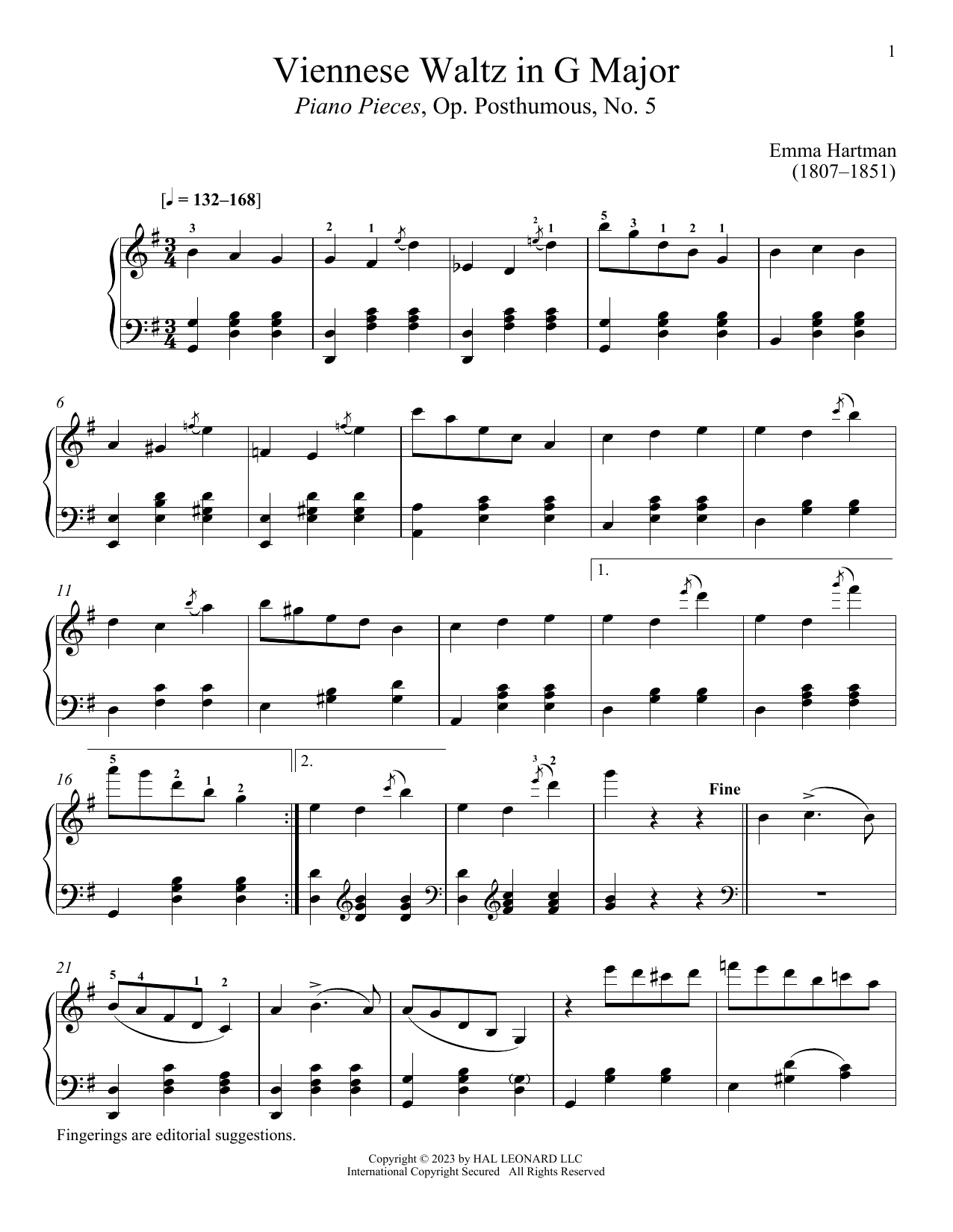 Emma Hartmann Viennese Waltz in G Major sheet music notes and chords arranged for Piano Solo