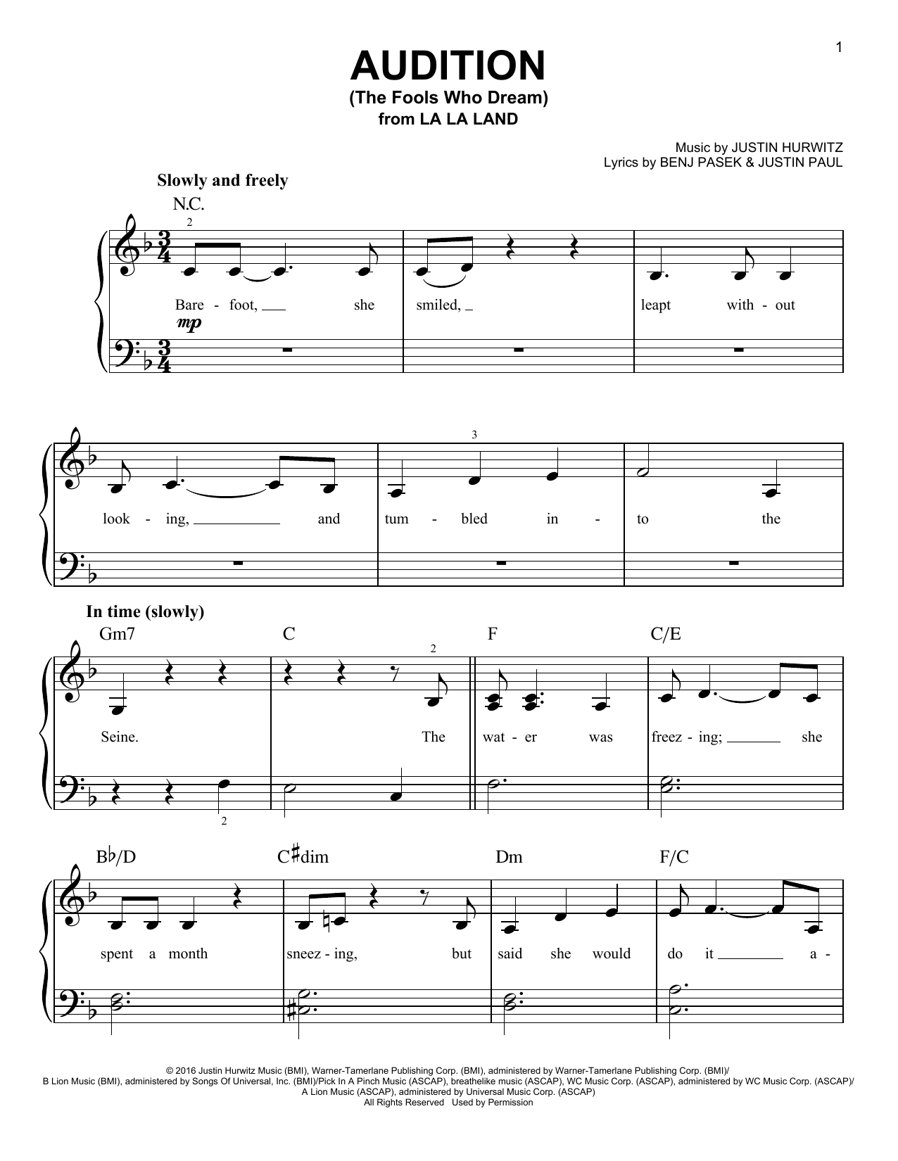 Emma Stone Audition (The Fools Who Dream) sheet music notes and chords arranged for Piano & Vocal