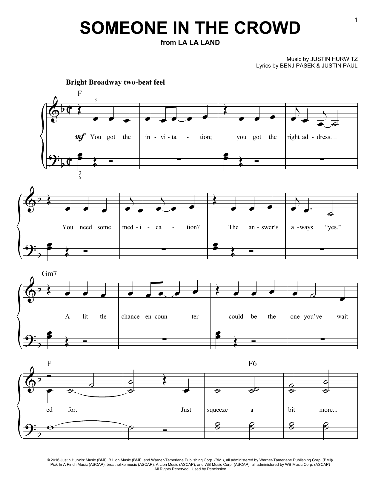 Emma Stone, Callie Hernandez, Sonoya Mizuno & Jessica Rothe Someone In The Crowd sheet music notes and chords arranged for Easy Piano