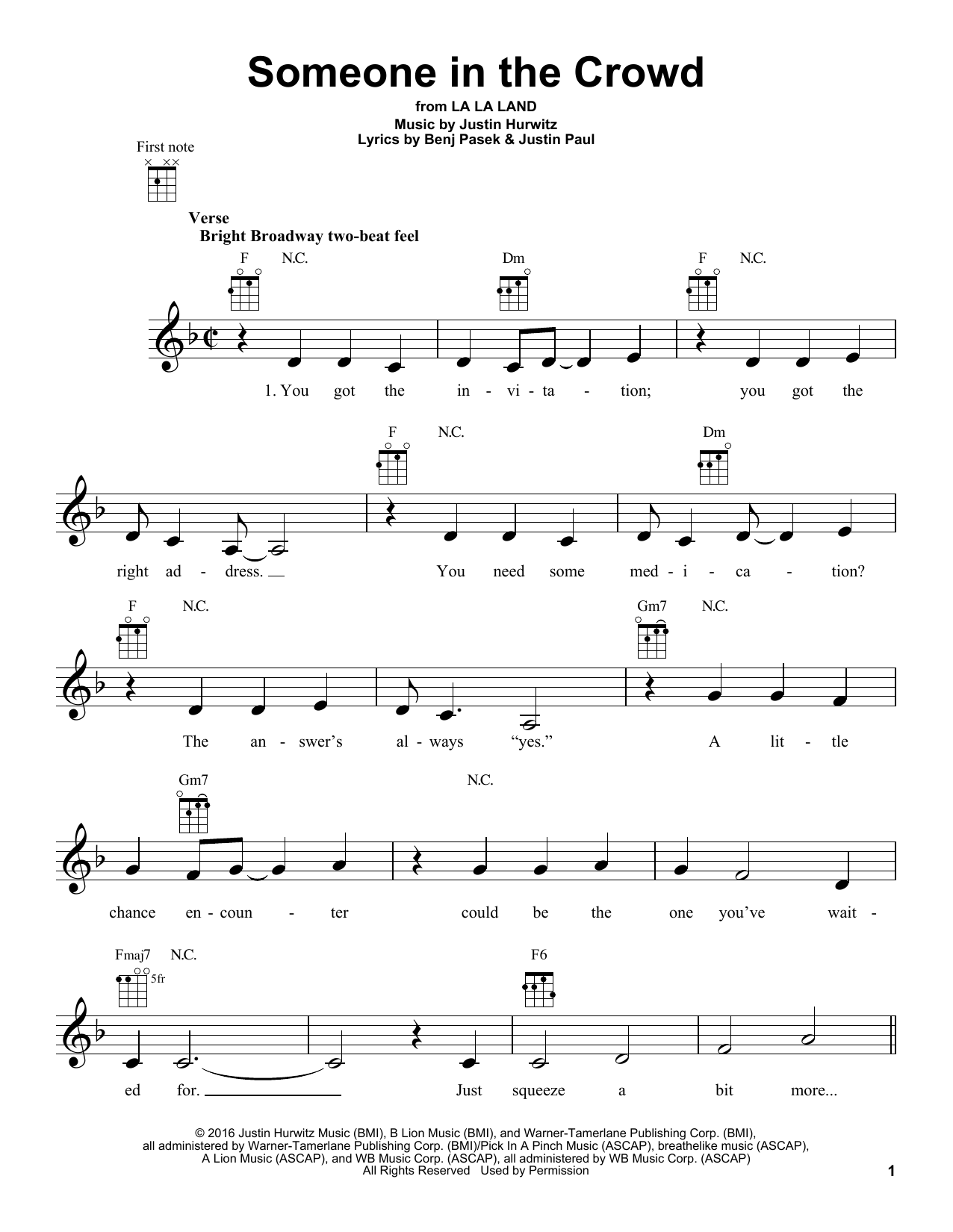 Emma Stone Someone In The Crowd (from La La Land) sheet music notes and chords arranged for Ukulele