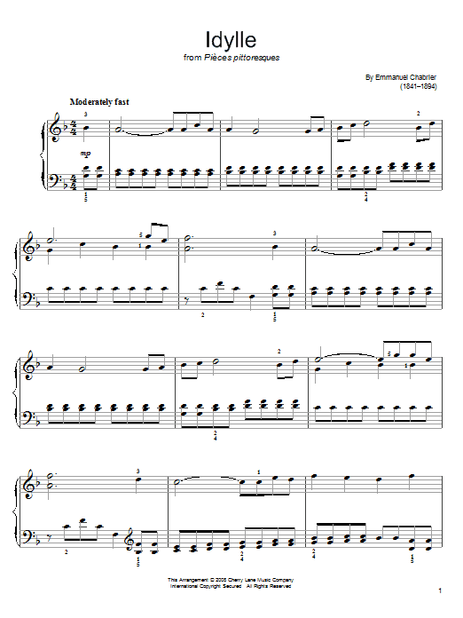 Emmanuel Chabrier Idylle sheet music notes and chords arranged for Easy Piano