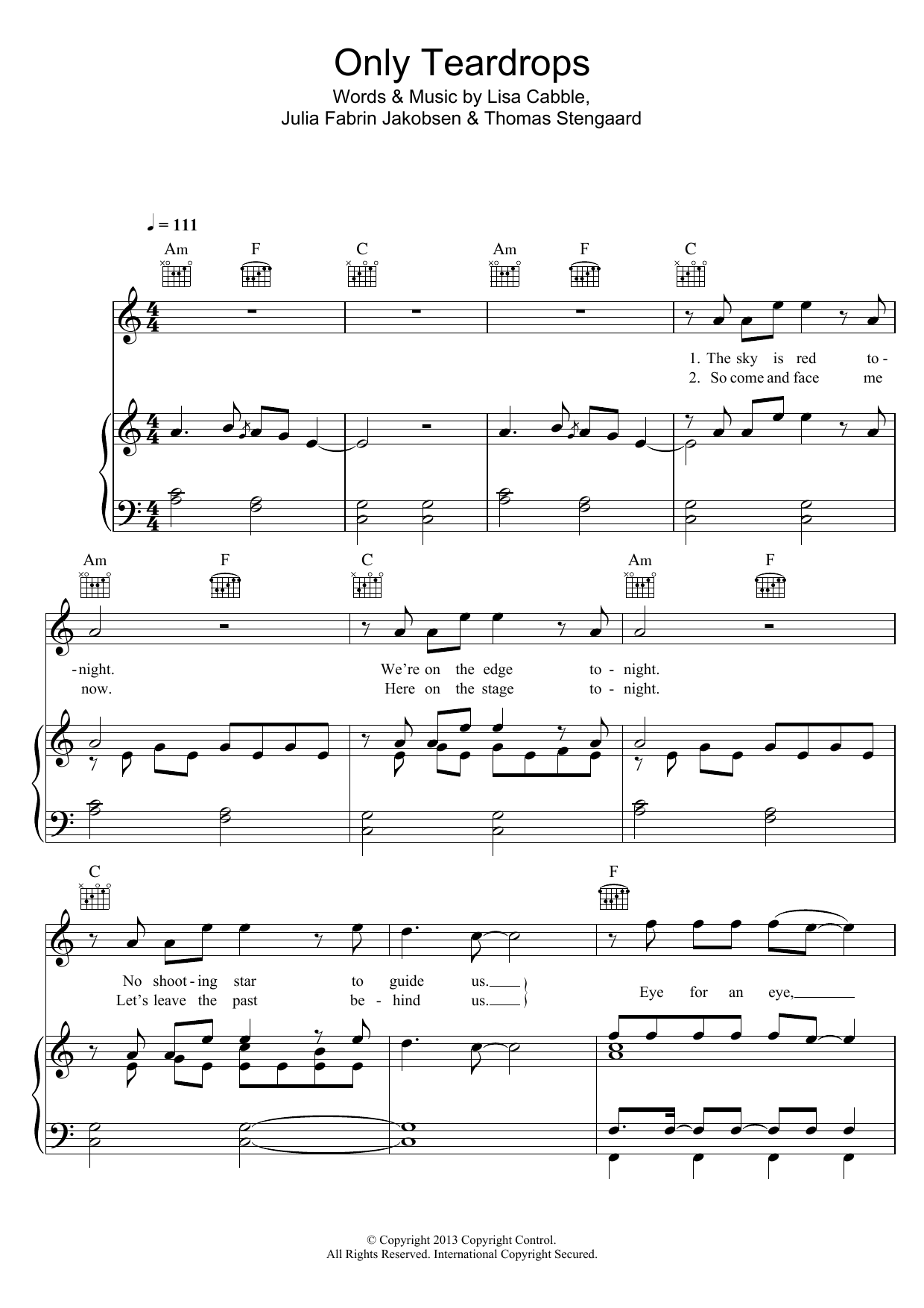 Emmelie de Forest Only Teardrops sheet music notes and chords arranged for Piano, Vocal & Guitar Chords
