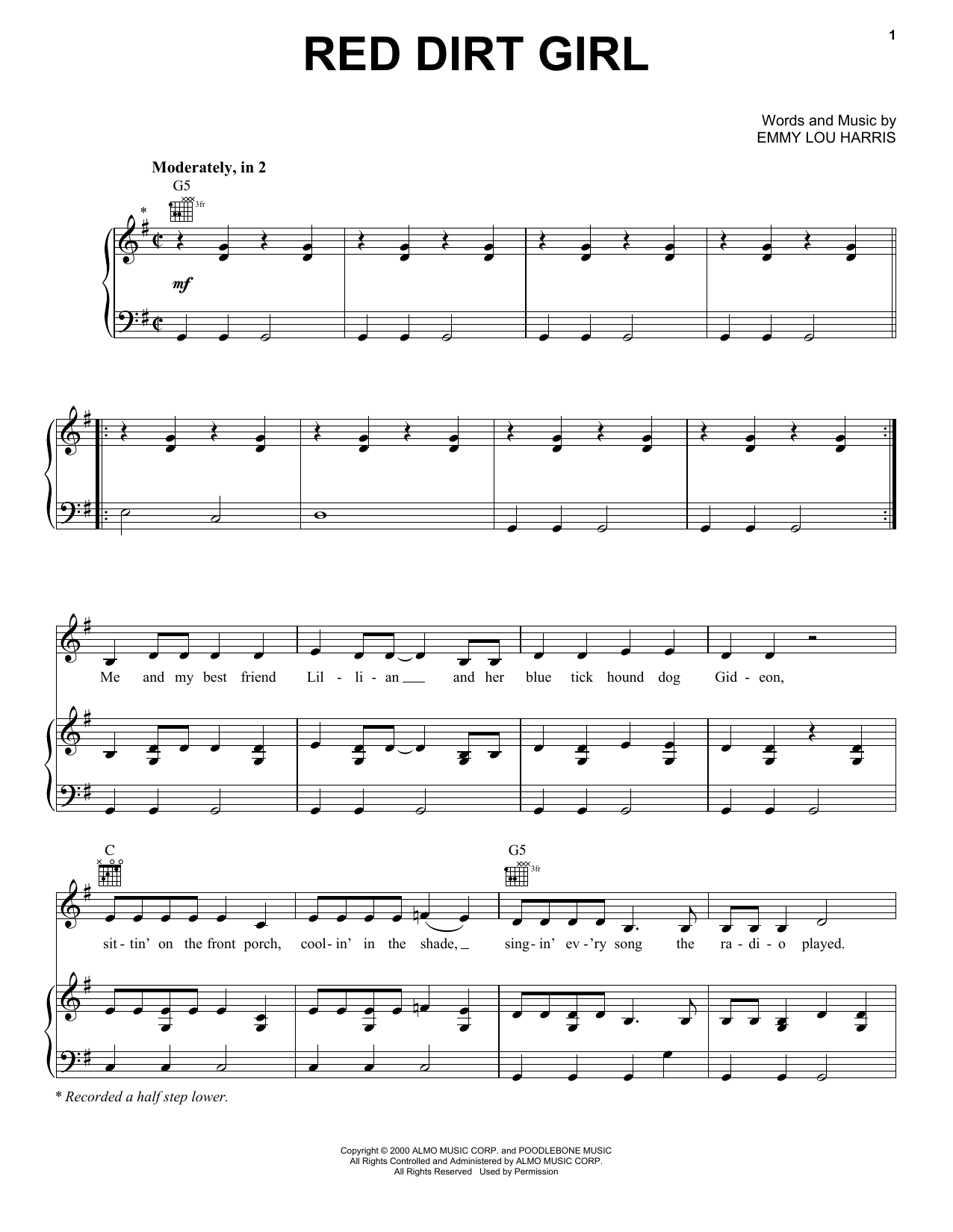 Emmy Lou Harris Red Dirt Girl sheet music notes and chords arranged for Piano, Vocal & Guitar Chords (Right-Hand Melody)