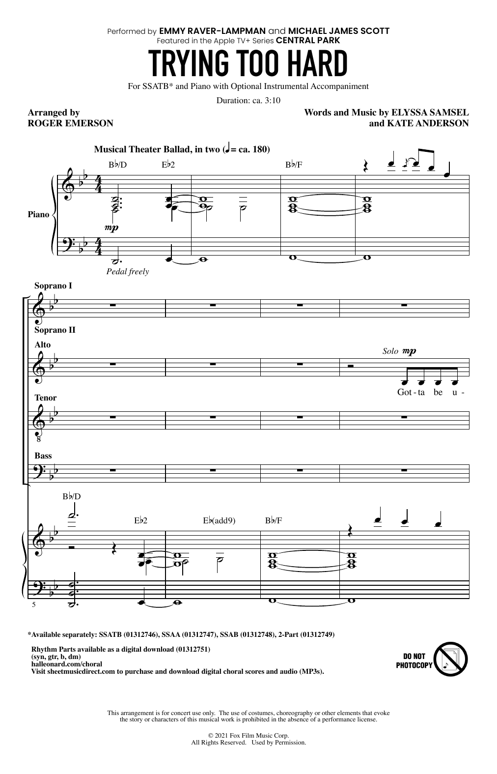 Emmy Raver-Lampman and Michael James Scott Trying Too Hard (from Central Park) (arr. Roger Emerson) sheet music notes and chords arranged for SSATB Choir