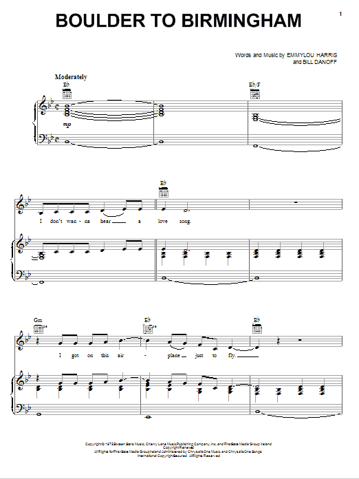 Emmylou Harris Boulder To Birmingham sheet music notes and chords arranged for Piano, Vocal & Guitar Chords (Right-Hand Melody)