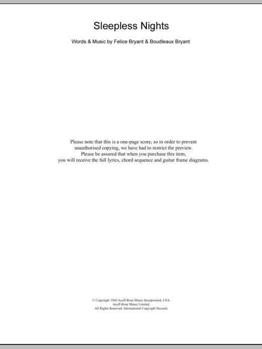 Emmylou Harris Sleepless Nights sheet music notes and chords arranged for Guitar Chords/Lyrics