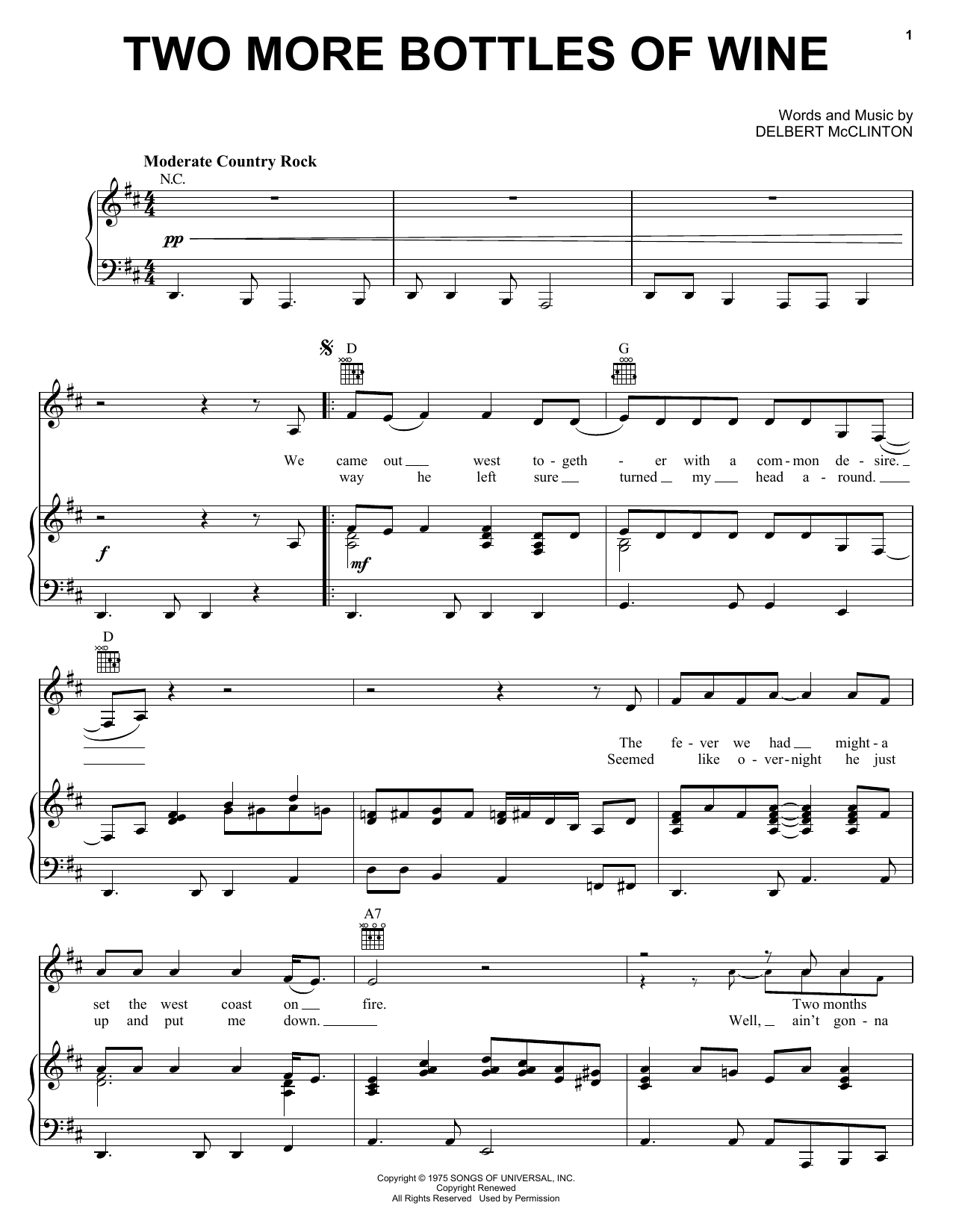 Emmylou Harris Two More Bottles Of Wine sheet music notes and chords arranged for Piano, Vocal & Guitar Chords (Right-Hand Melody)