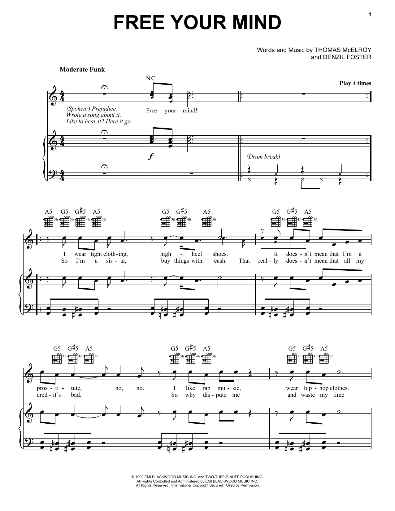 En Vogue Free Your Mind sheet music notes and chords arranged for Piano, Vocal & Guitar Chords (Right-Hand Melody)