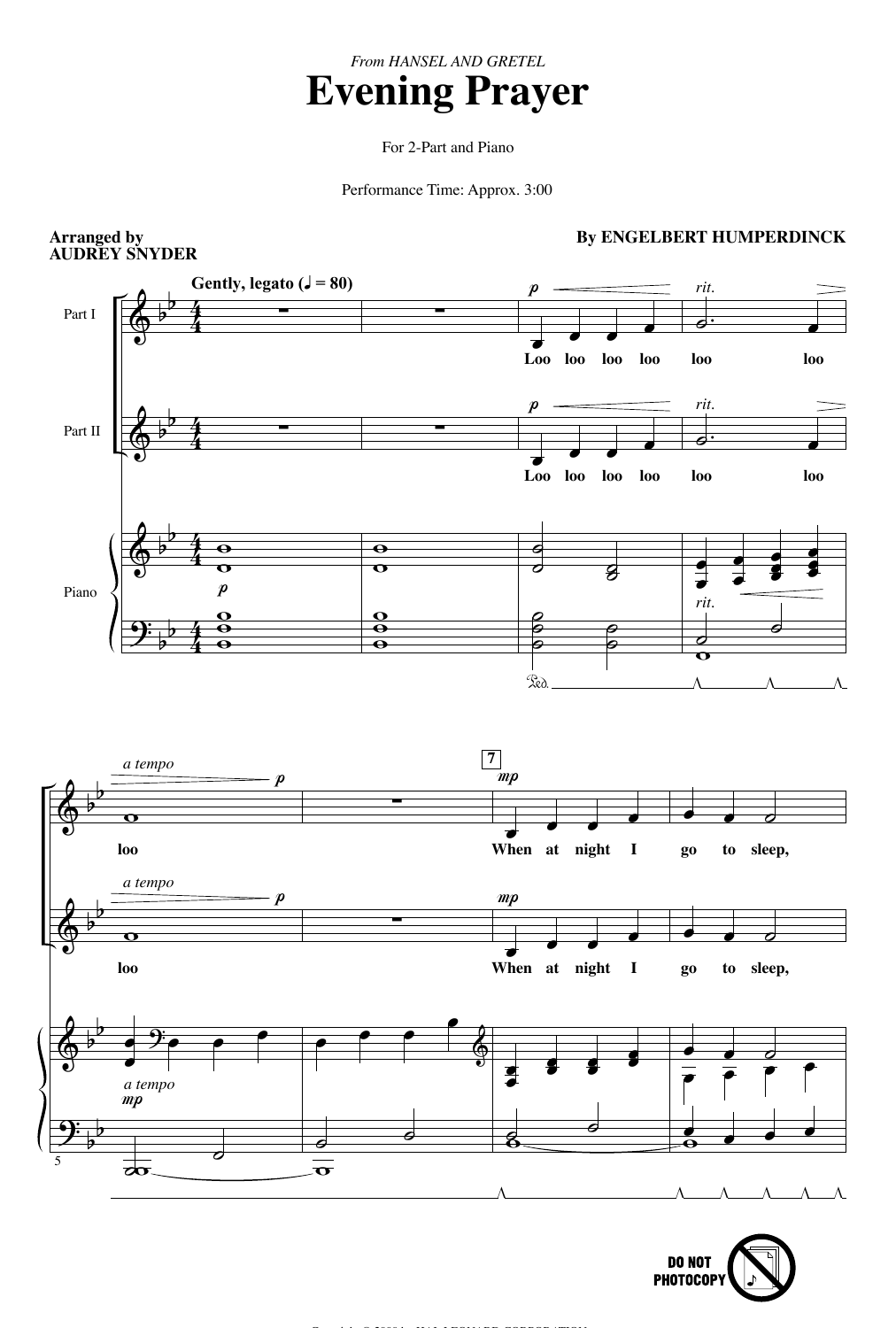 Engelbert Humperdinck Evening Prayer (from Hansel And Gretel) (arr. Audrey Snyder) sheet music notes and chords arranged for 2-Part Choir
