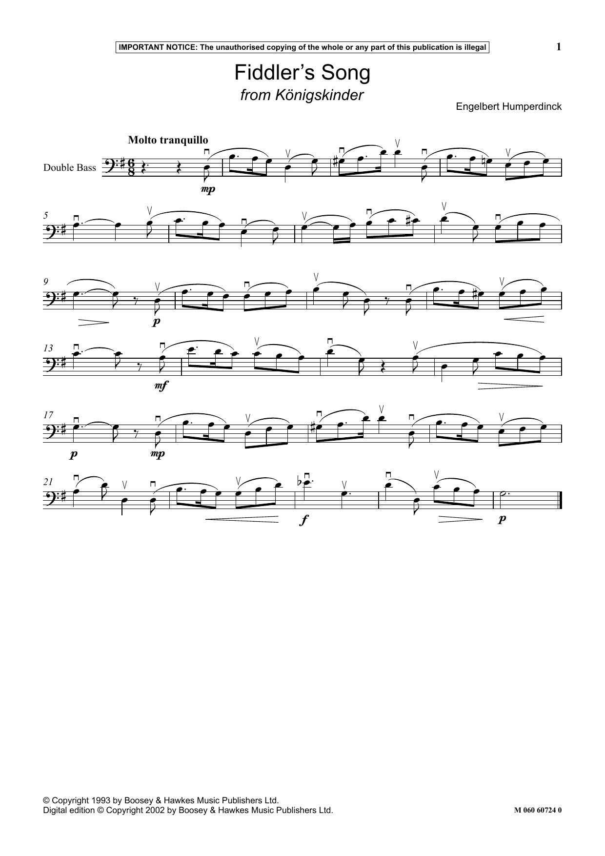 Engelbert Humperdinck Fiddler's Song (from Konigskinder) sheet music notes and chords arranged for Instrumental Solo