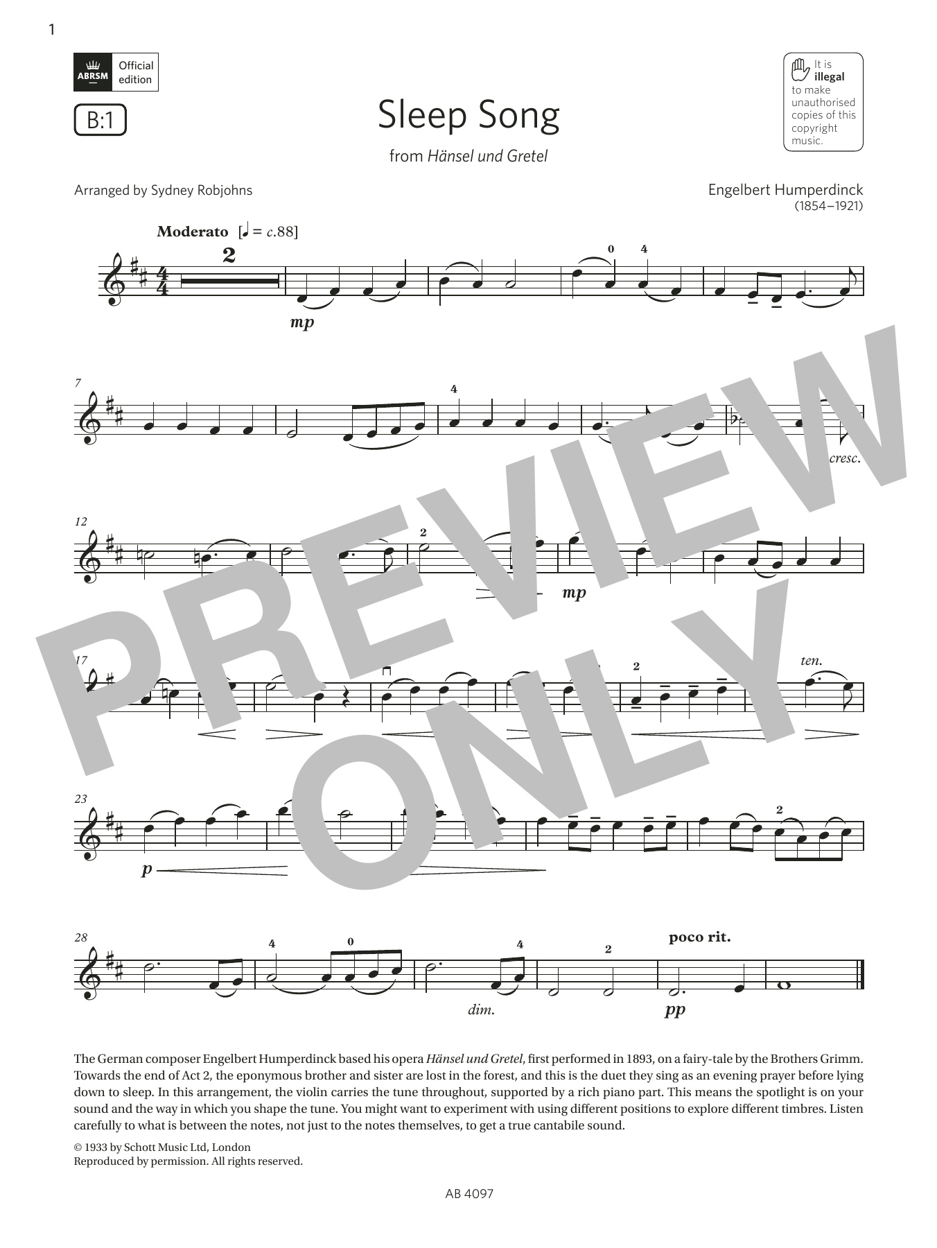 Engelbert Humperdinck Sleep Song (Grade 3, B1, from the ABRSM Violin Syllabus from 2024) sheet music notes and chords arranged for Violin Solo