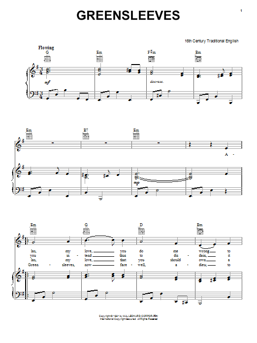 Traditional English Folksong Greensleeves sheet music notes and chords arranged for Piano, Vocal & Guitar Chords (Right-Hand Melody)