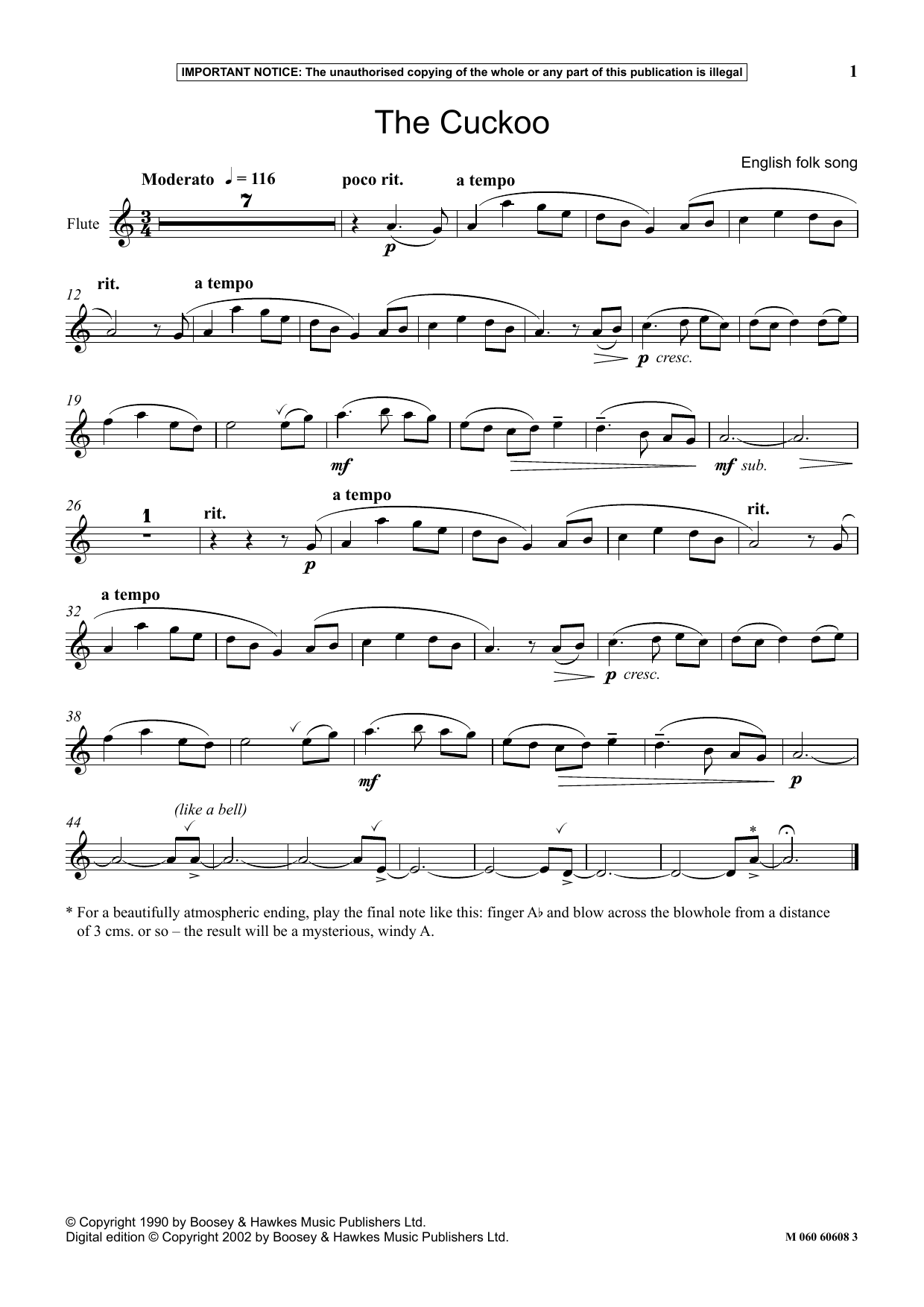 English Folk Song The Cuckoo sheet music notes and chords arranged for Instrumental Solo