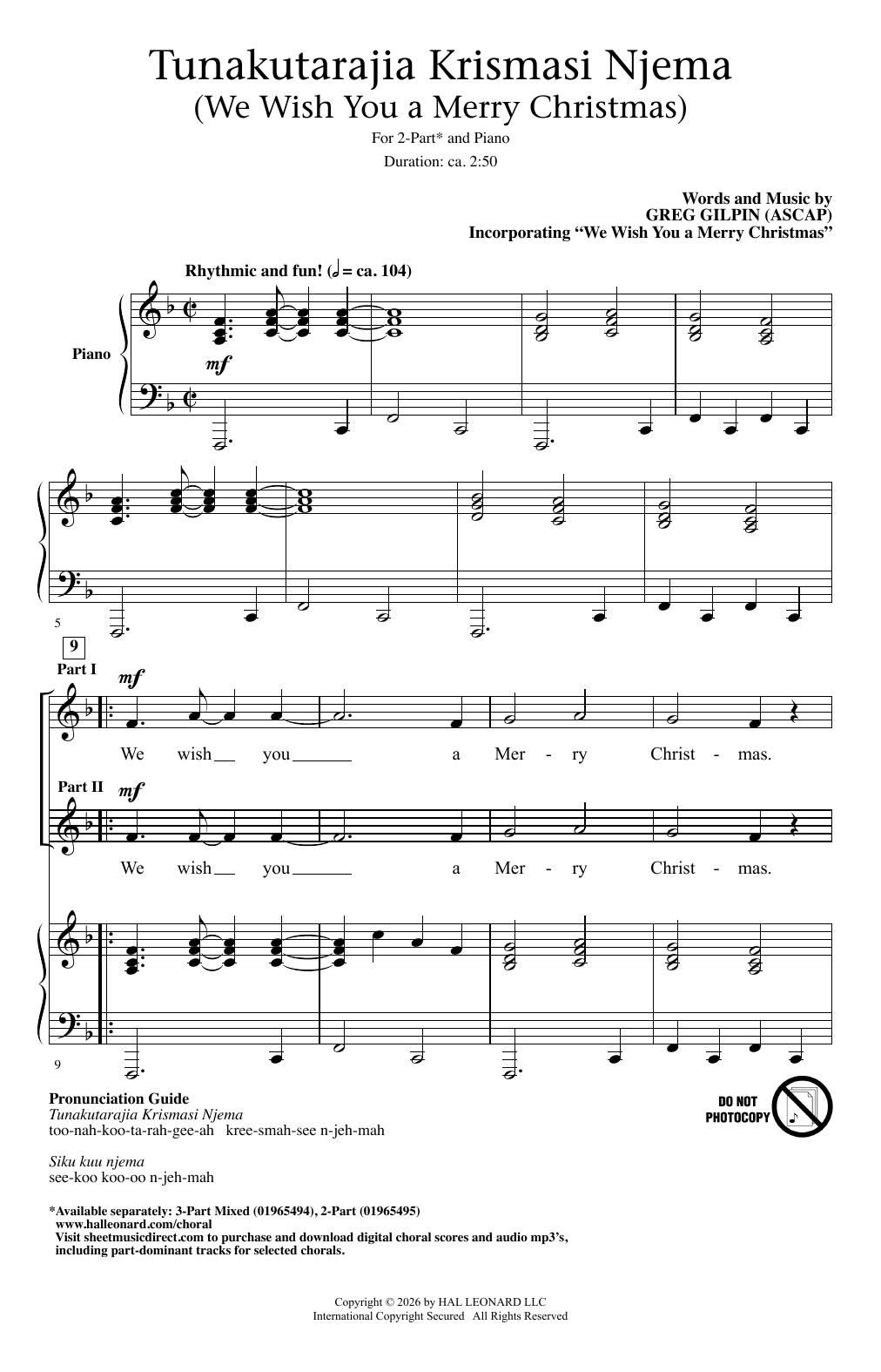 Traditional English Folksong Tunakatarajia Krismasi Njema (We Wish You A Merry Christmas) sheet music notes and chords arranged for 2-Part Choir