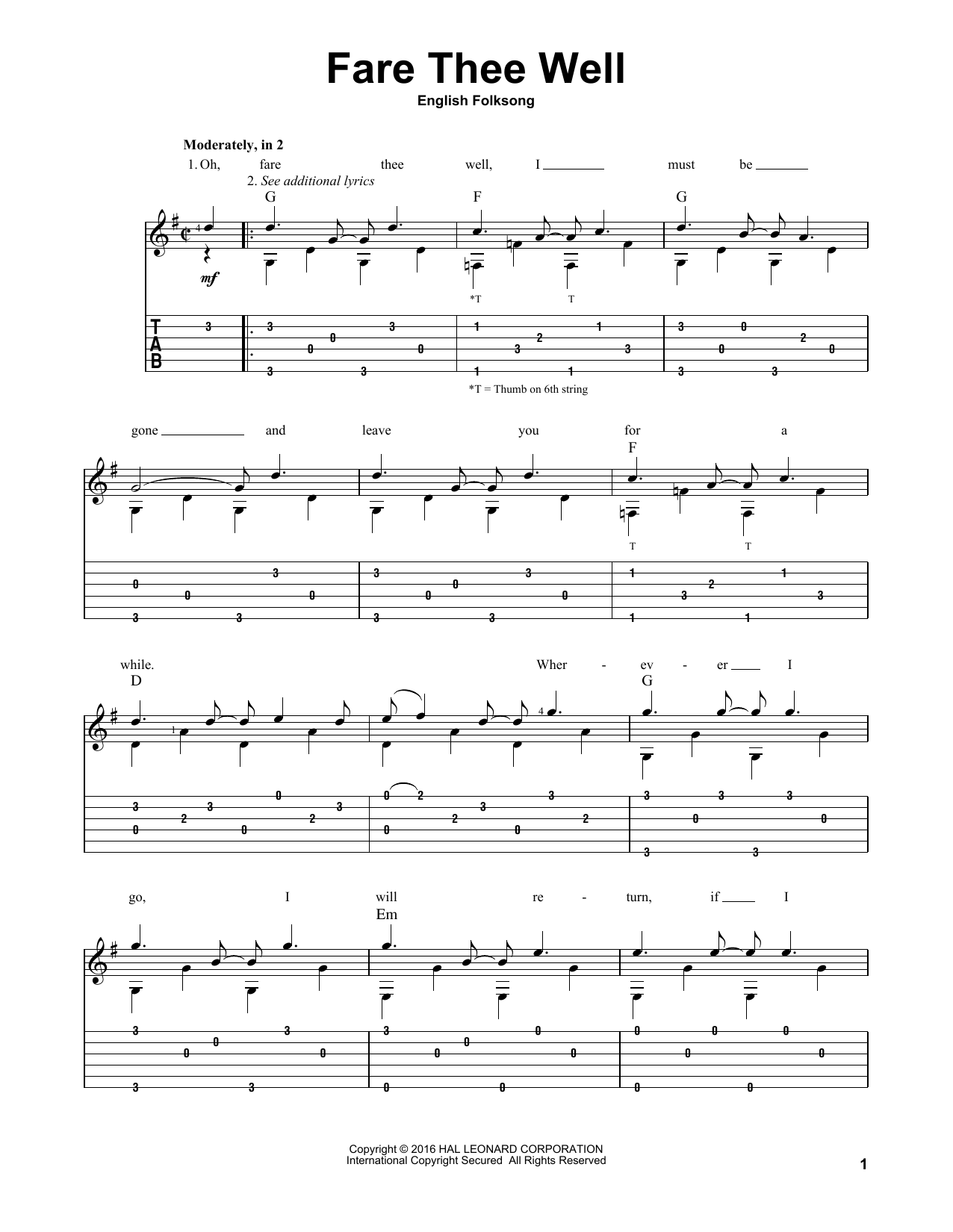 English Folksong Fare Thee Well sheet music notes and chords arranged for Solo Guitar