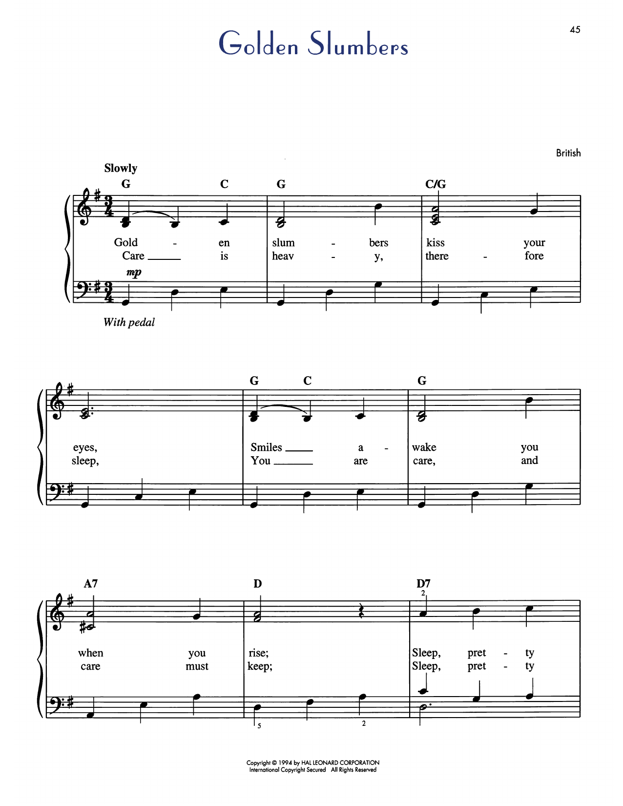 English Folksong Golden Slumbers sheet music notes and chords arranged for Easy Piano