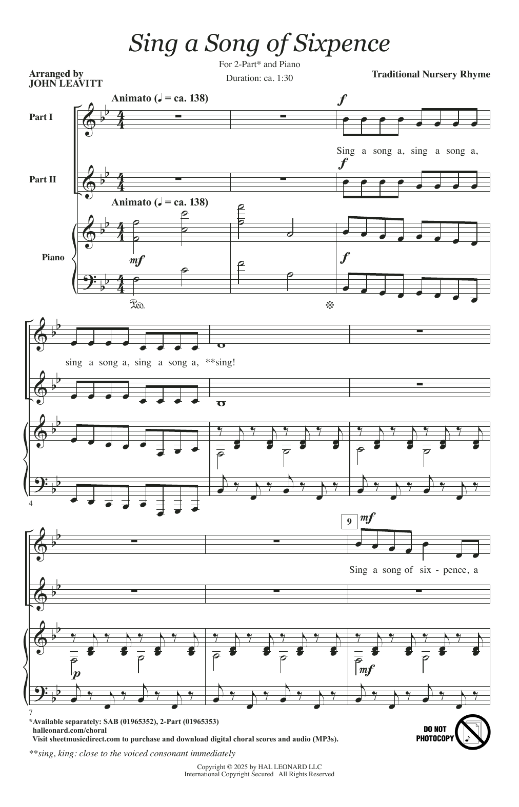 English nursery rhyme Sing A Song Of Sixpence (arr. John Leavitt) sheet music notes and chords arranged for 2-Part Choir