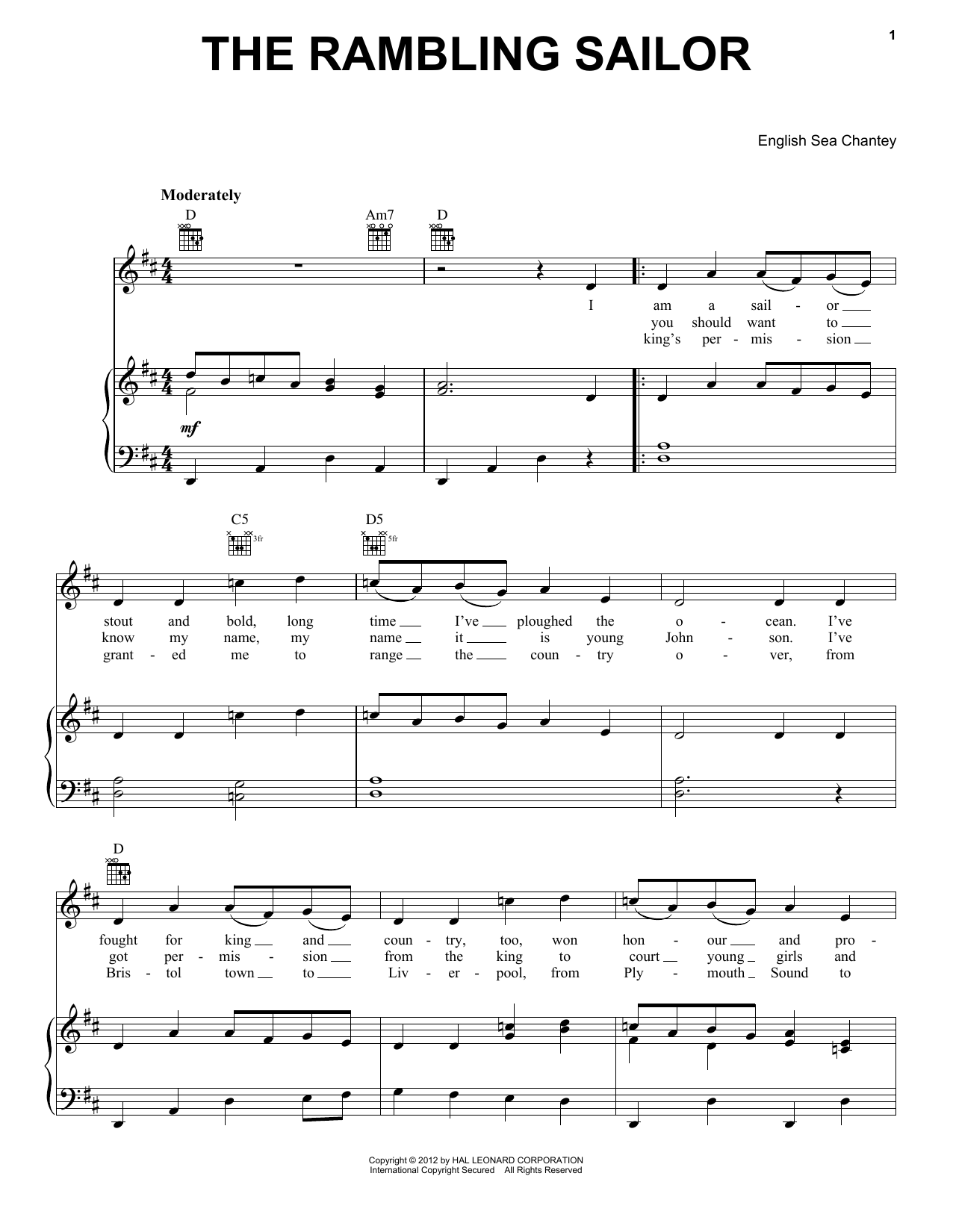 English Sea Chantey The Rambling Sailor sheet music notes and chords arranged for Lead Sheet / Fake Book
