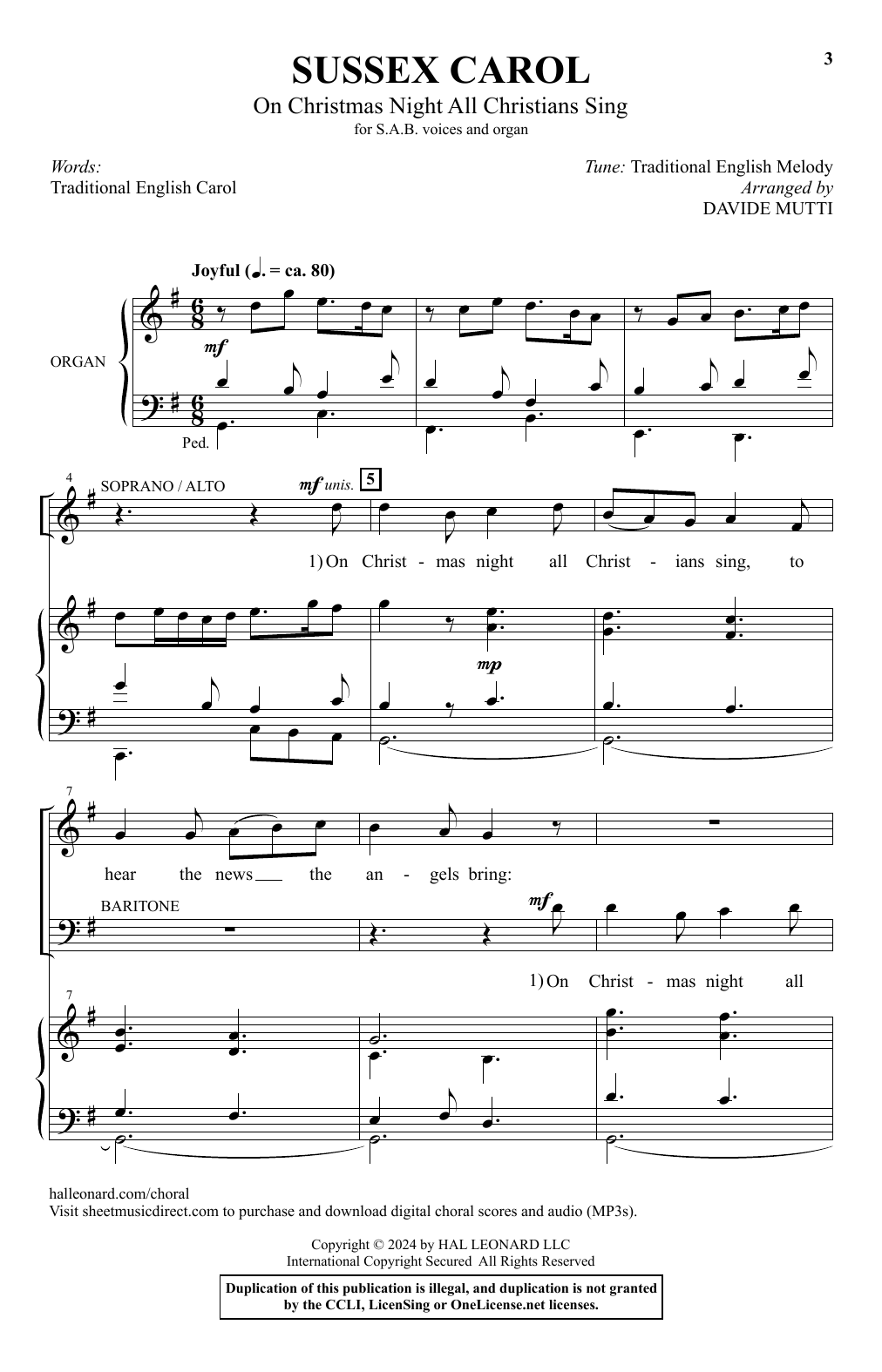 English Traditional Carol Sussex Carol (On Christmas Night All Christians Sing) (arr. Davide Mutti) sheet music notes and chords arranged for SAB Choir