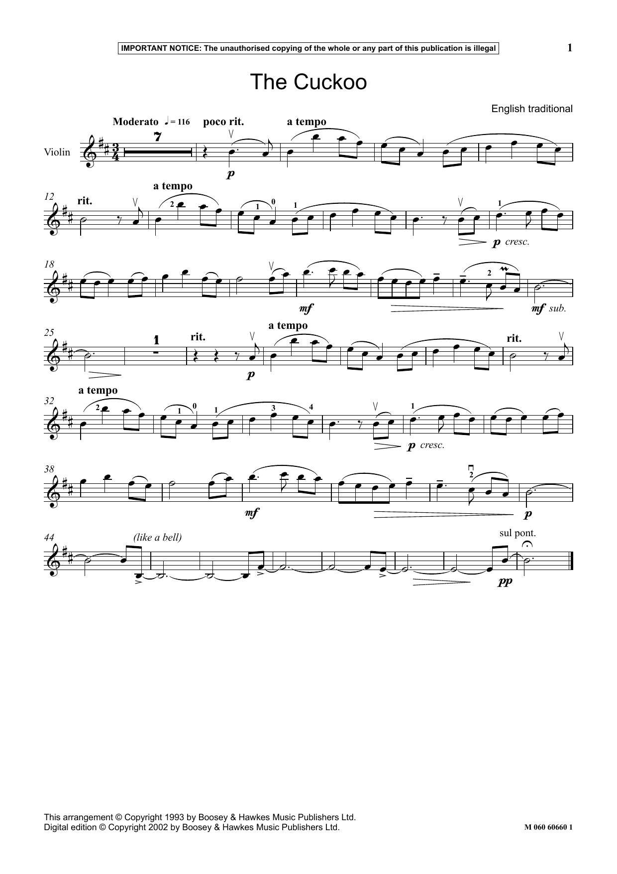 English Traditional The Cuckoo sheet music notes and chords arranged for Instrumental Solo