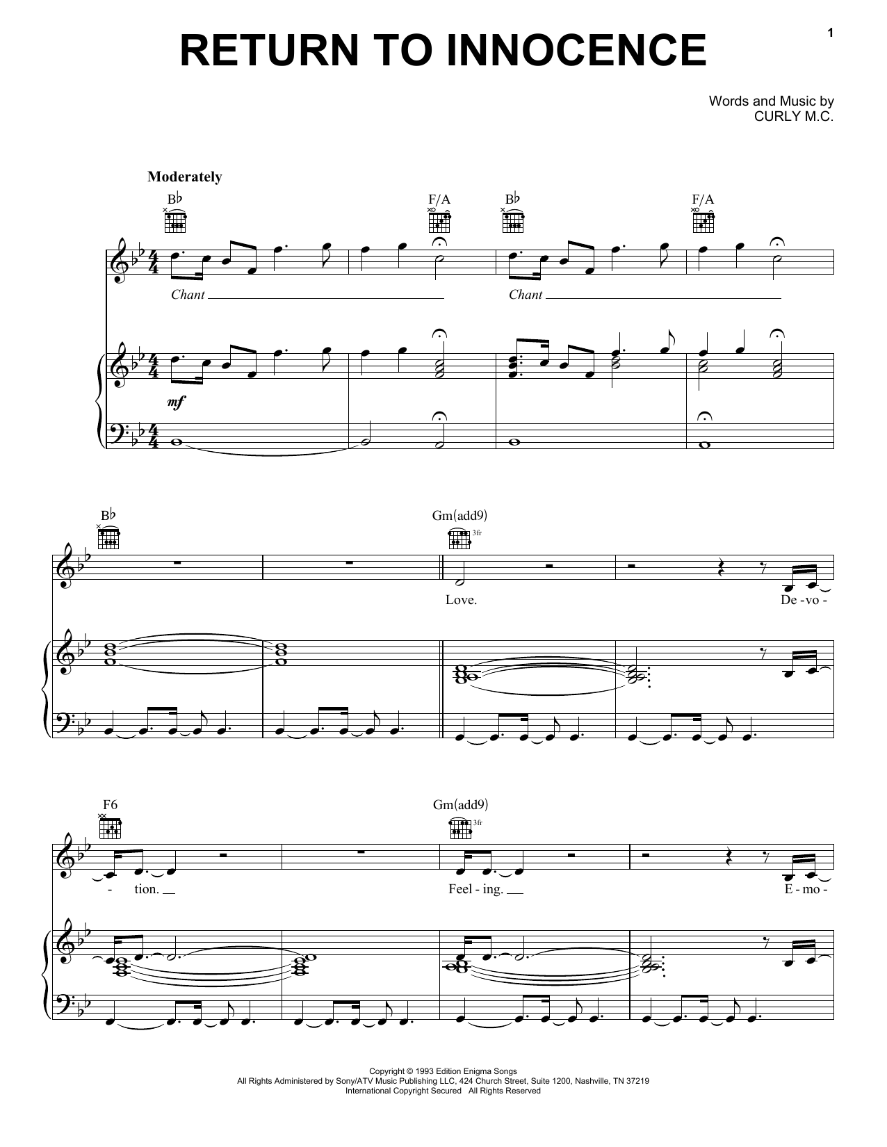 Enigma Return To Innocence sheet music notes and chords arranged for Piano, Vocal & Guitar Chords (Right-Hand Melody)
